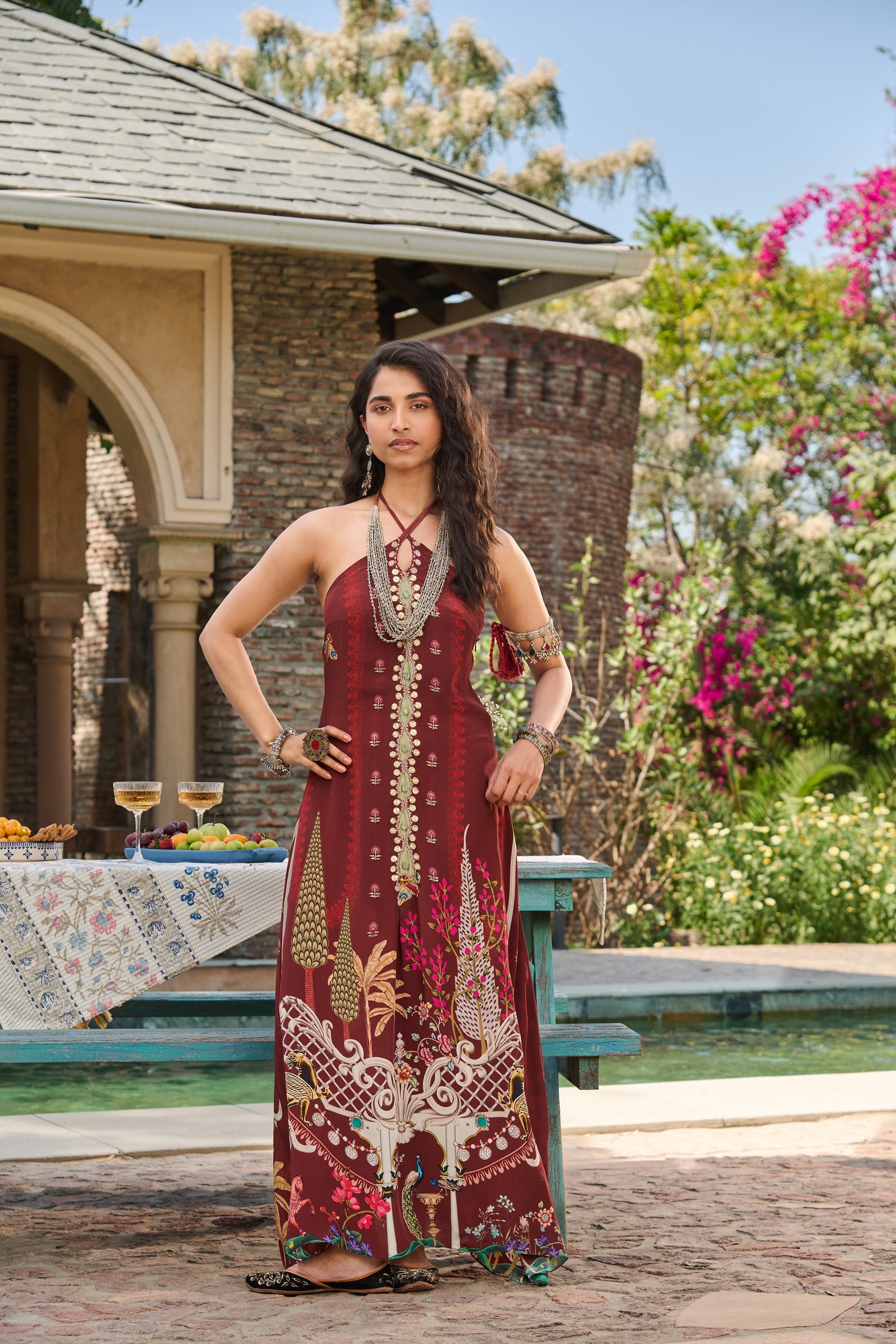 Hand Embelished Cross Halter Printed Kaftan