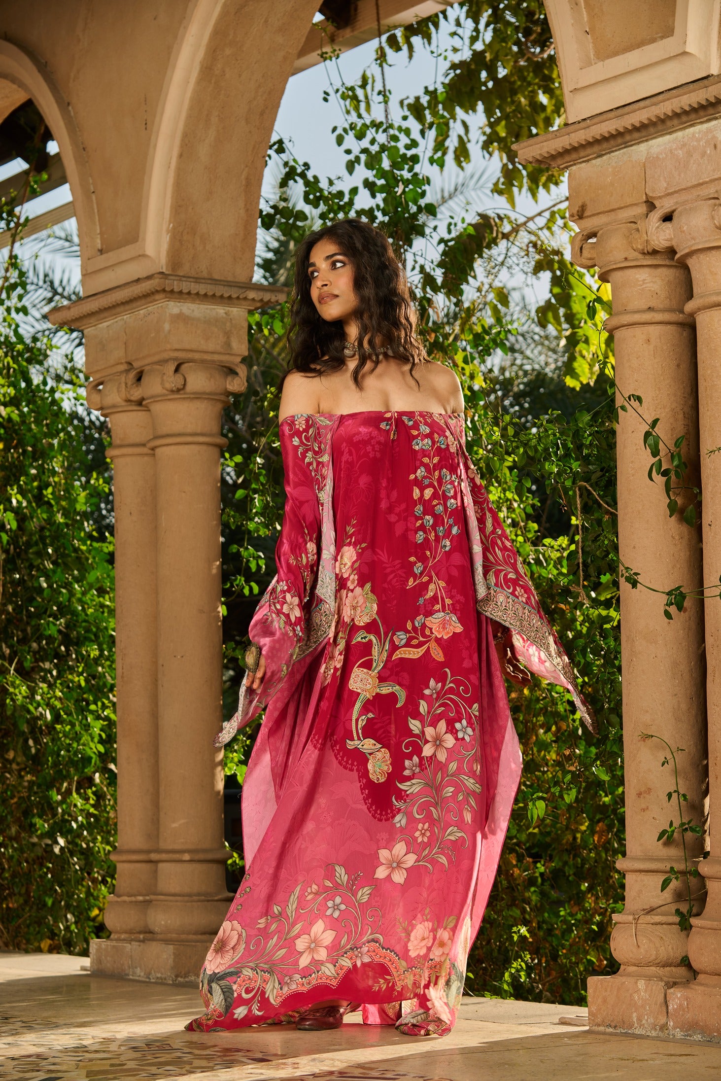 Hand Embelished Off-Shoulder Printed Kaftan