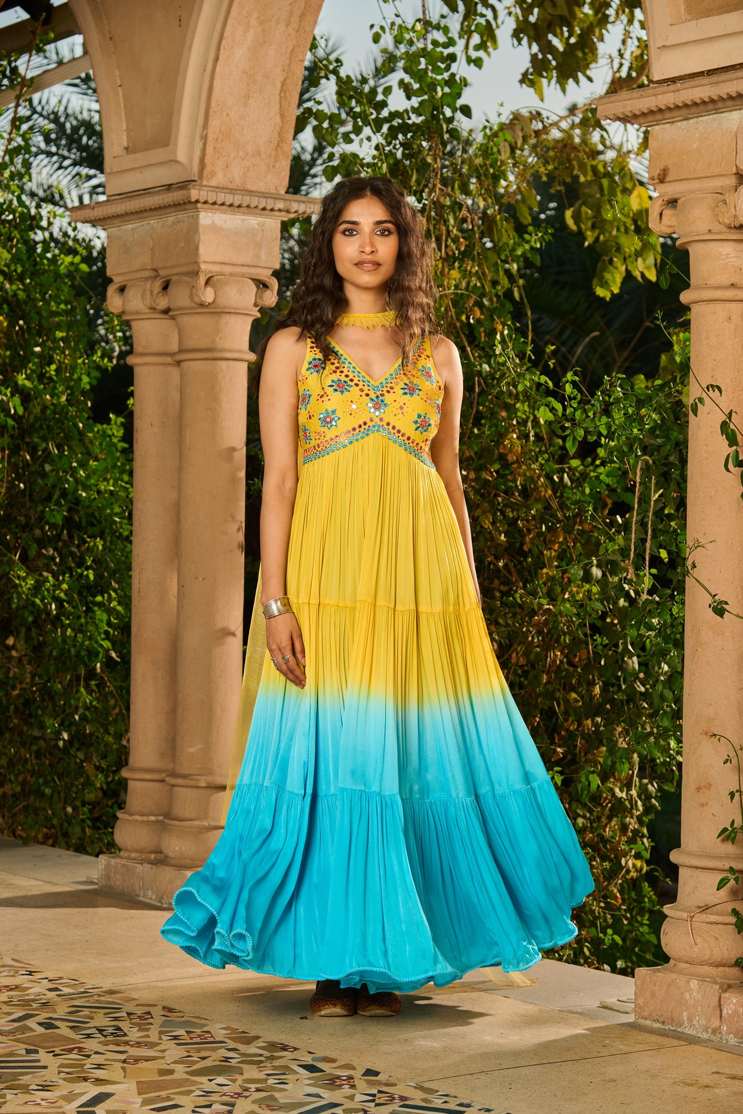 Hand Embroidered Top Ombre Anarkali