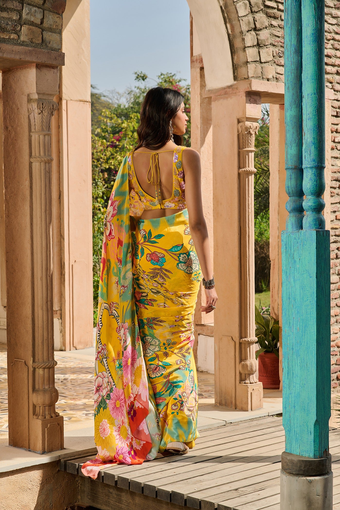 Hand Embroidered Blouse with Printed Saree and Petticoat