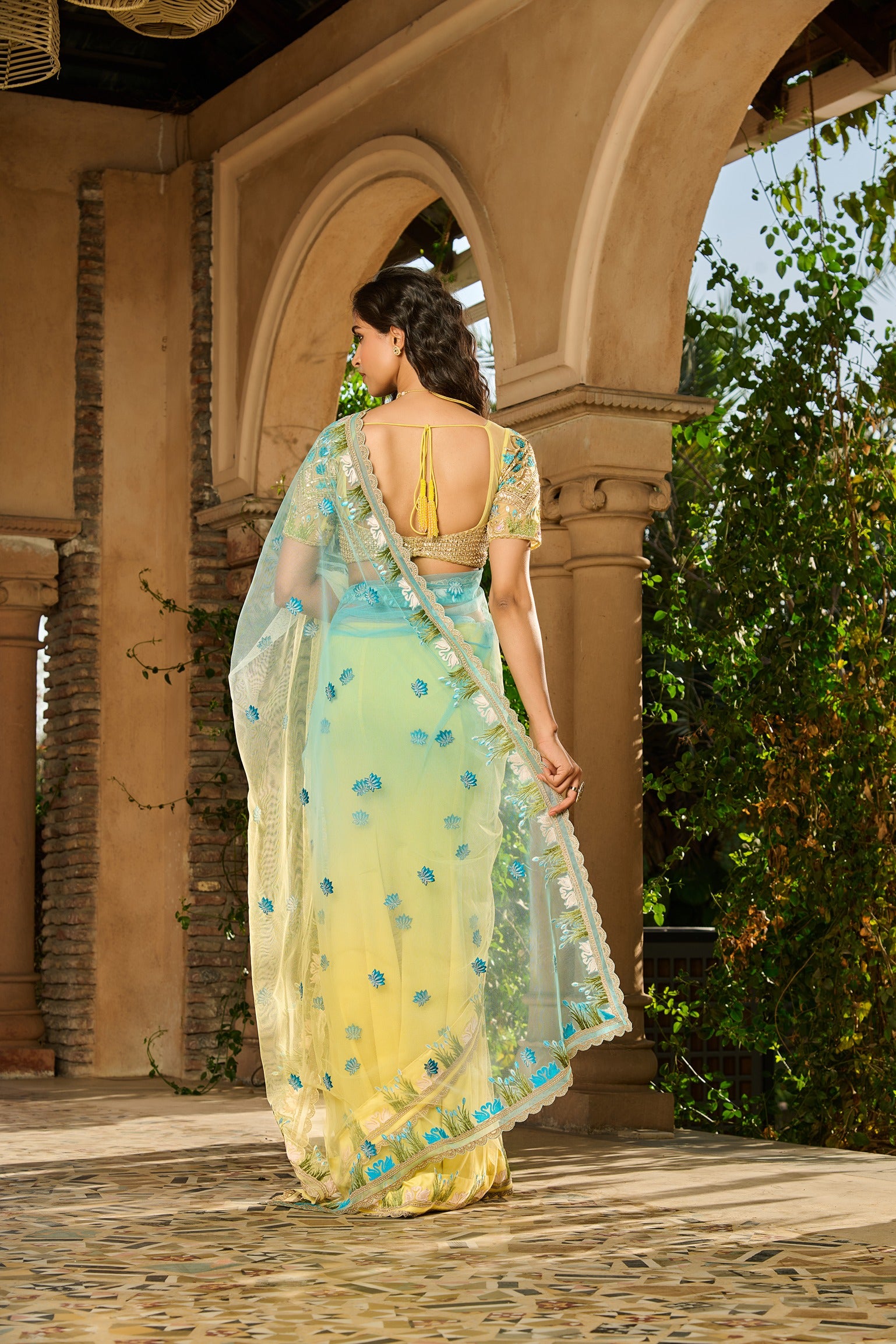 Hand Embroidered Blouse and Ombre Saree with Petticoat