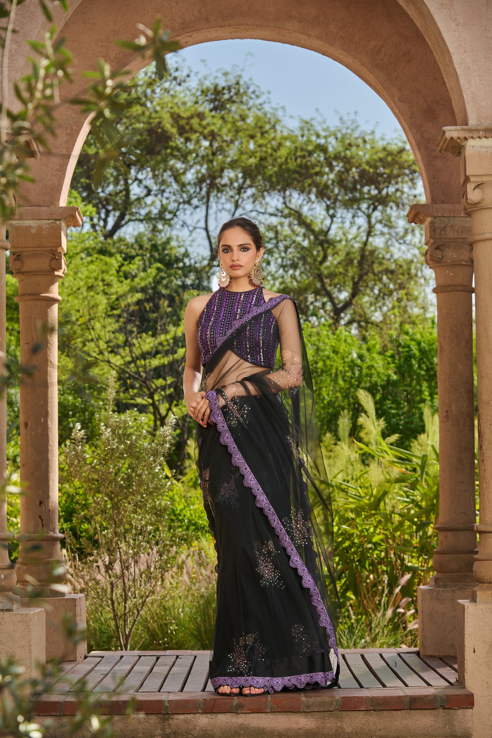 Hand Embroidered Blouse with Printed Embelished Saree and Petticoat