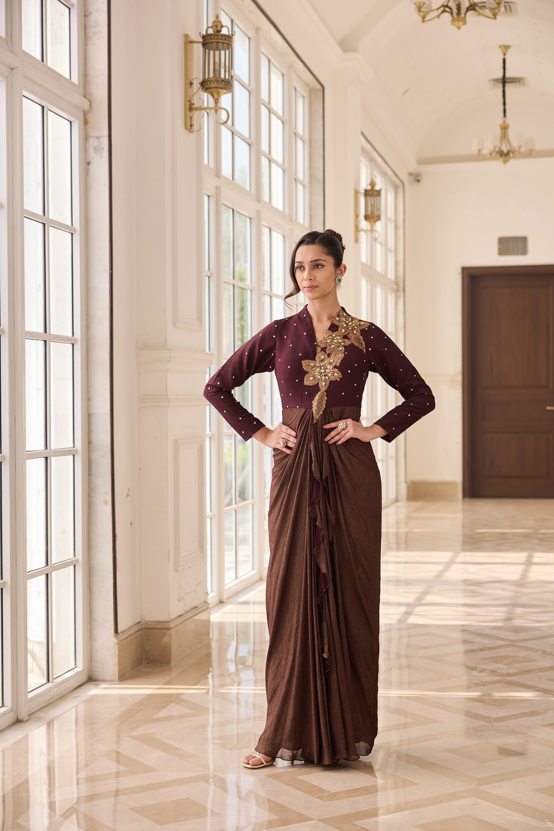 Hand-Embelished Draped Dress