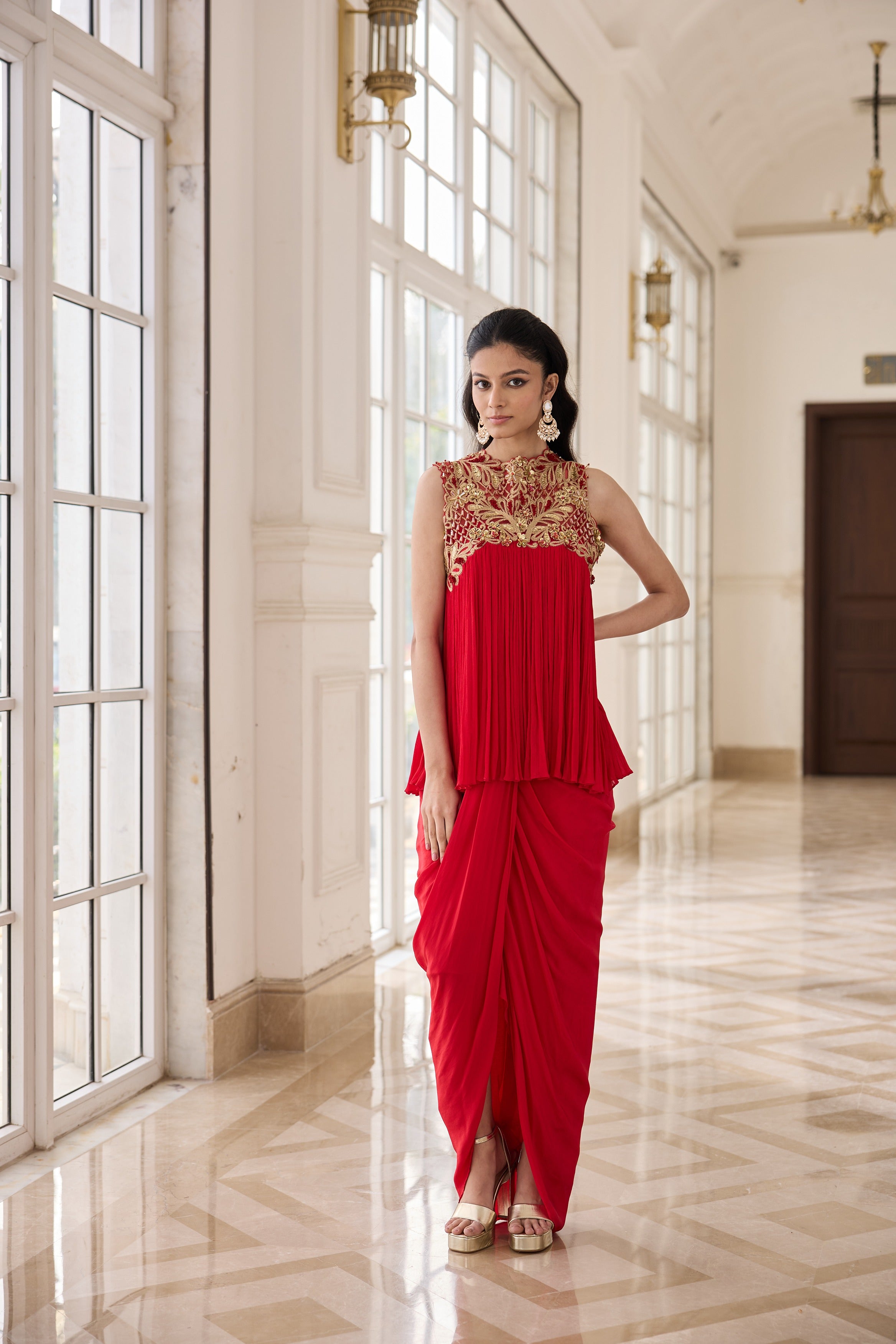 Hand Embelished Rushing Top with Dhoti skirt