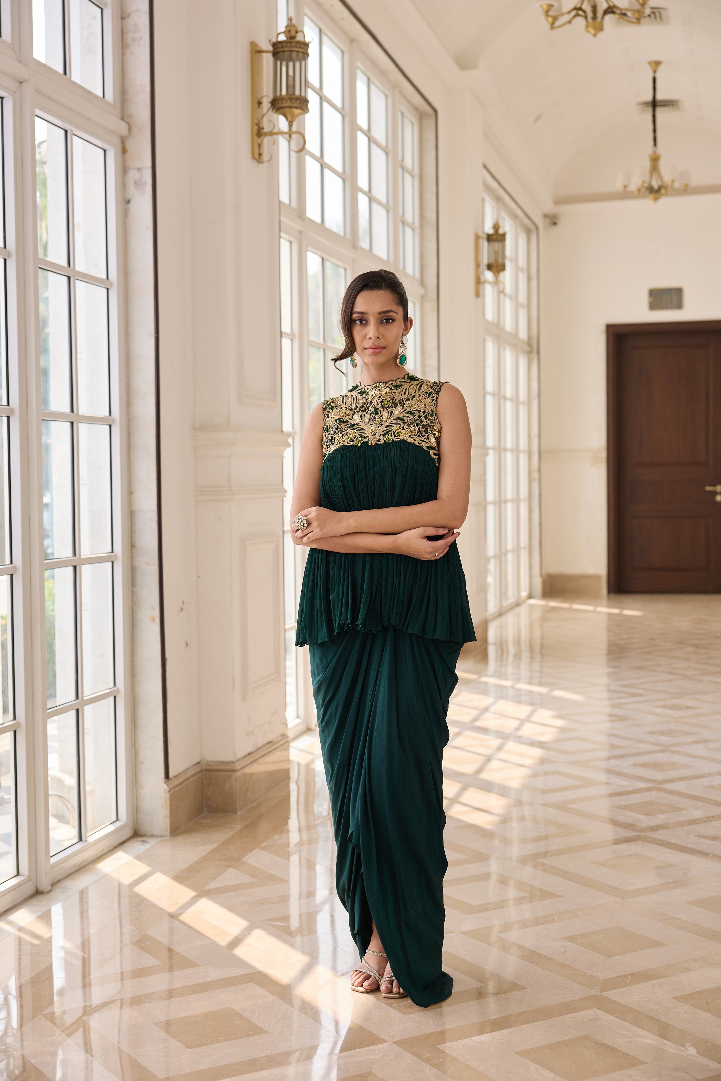 Hand Embelished Rushing Top with Dhoti skirt
