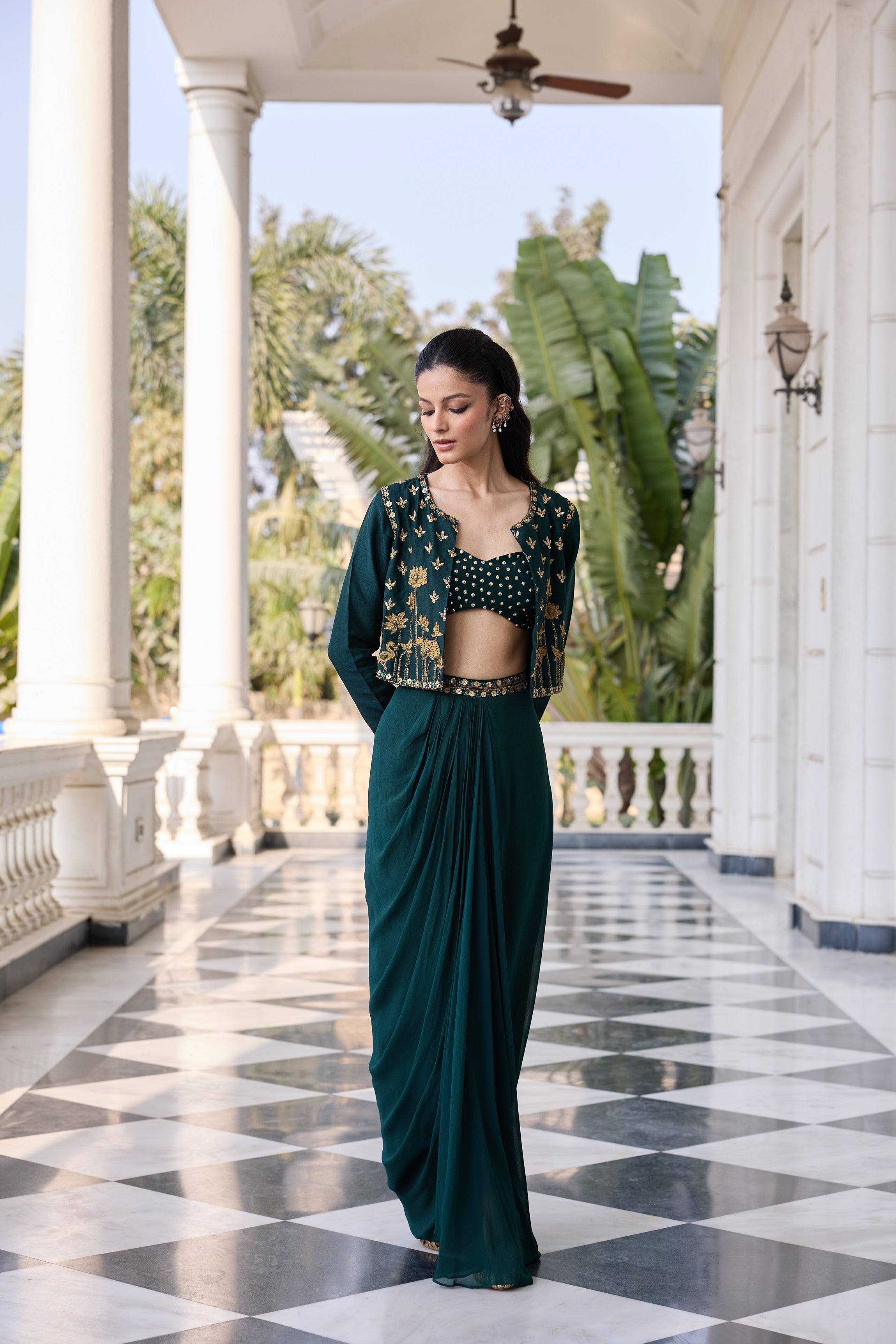 Hand-Embroidered Jacket with Bustier and Skirt