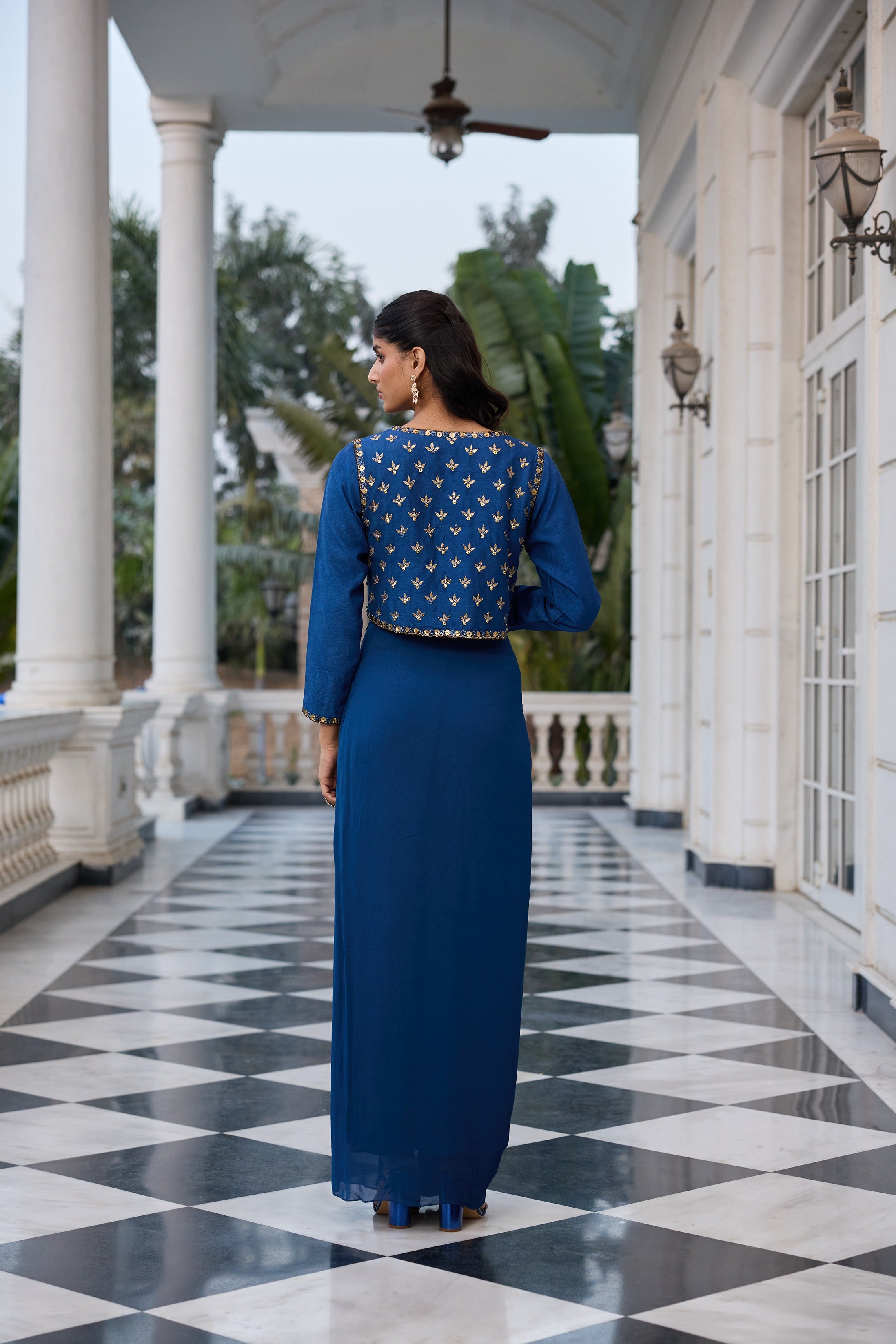 Hand-Embroidered Jacket with Bustier and Skirt