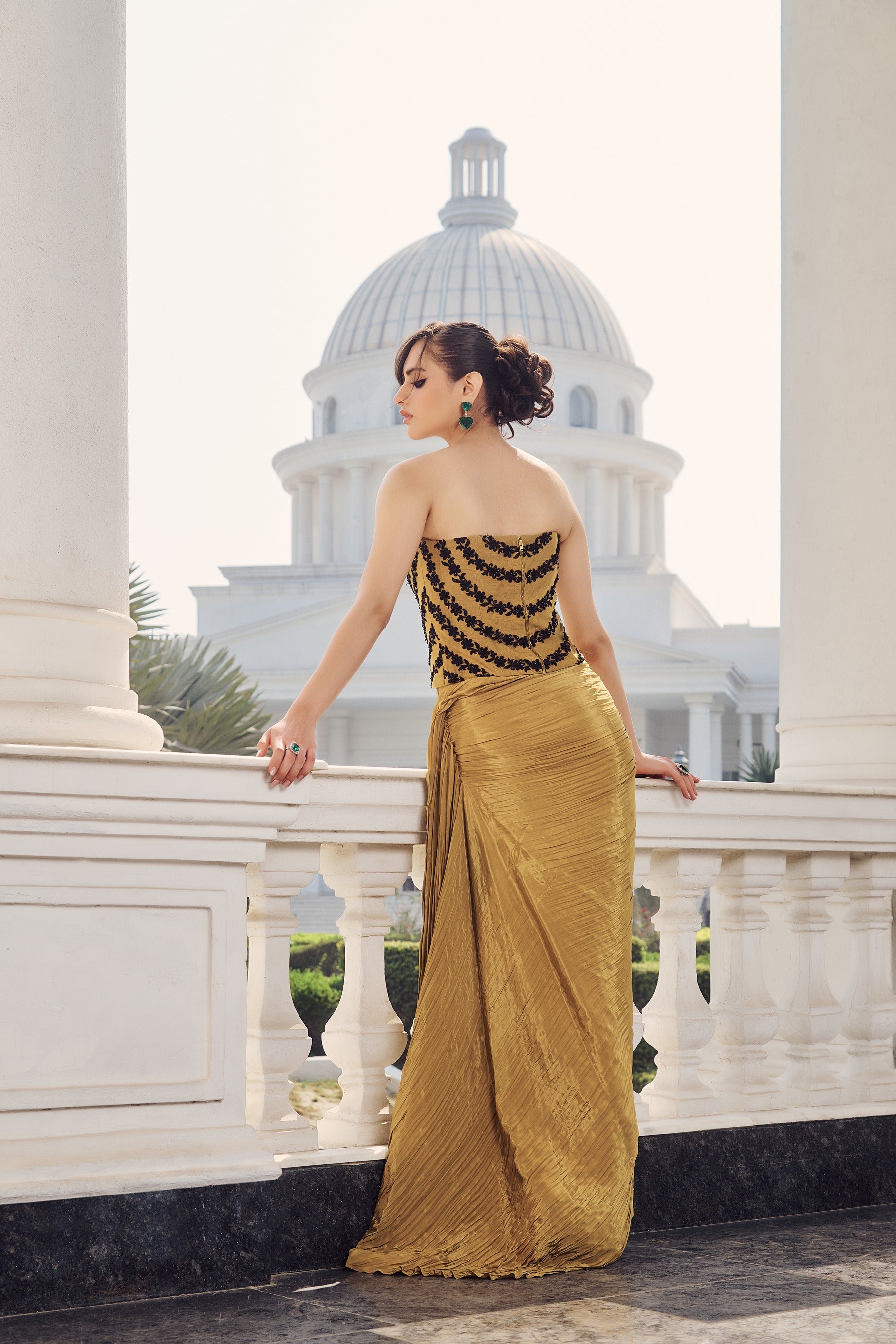 Hand Embelished Corset with Draped Skirt