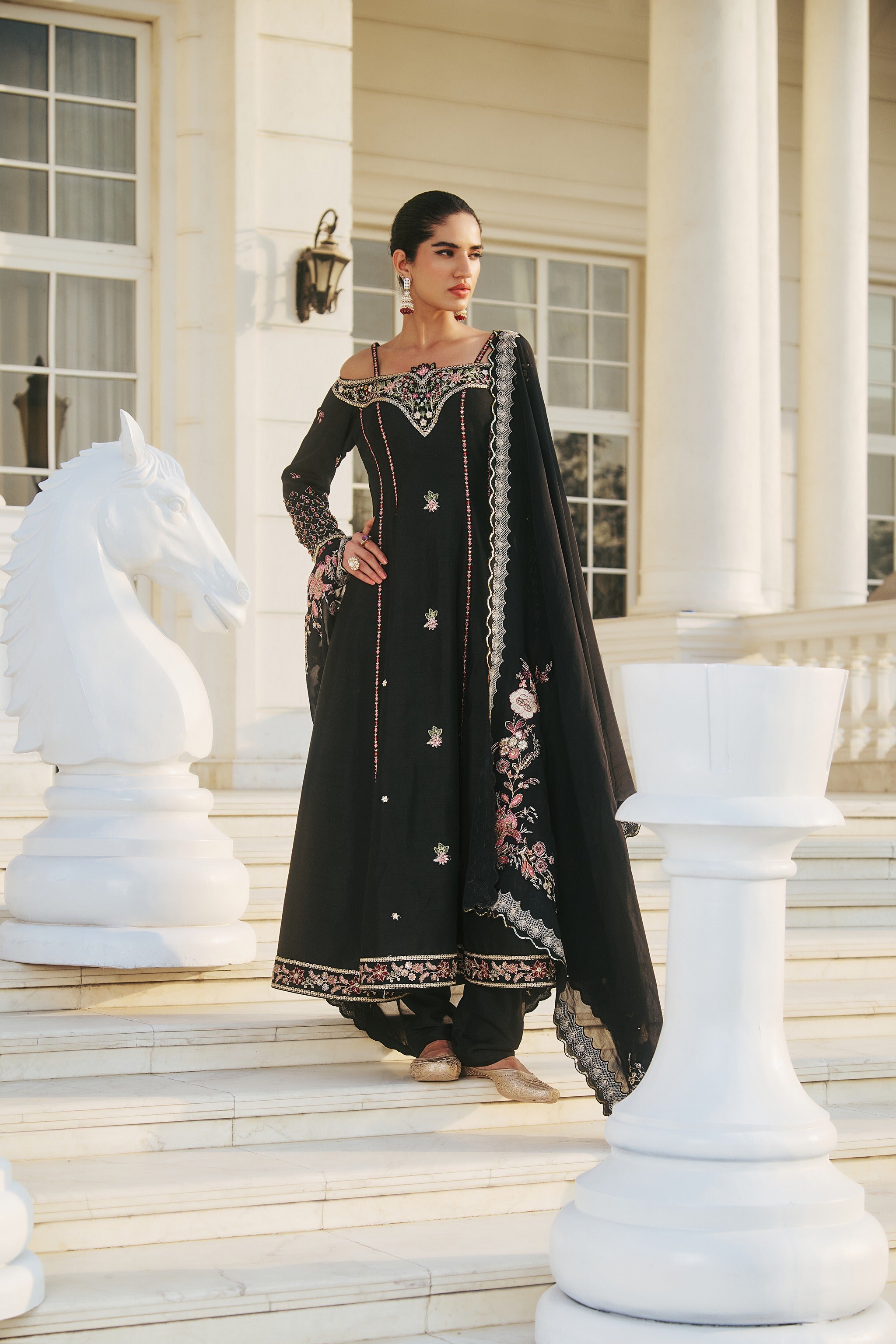 Hand Embroidered Off Shoulder Anarkali with Scallop Dupatta