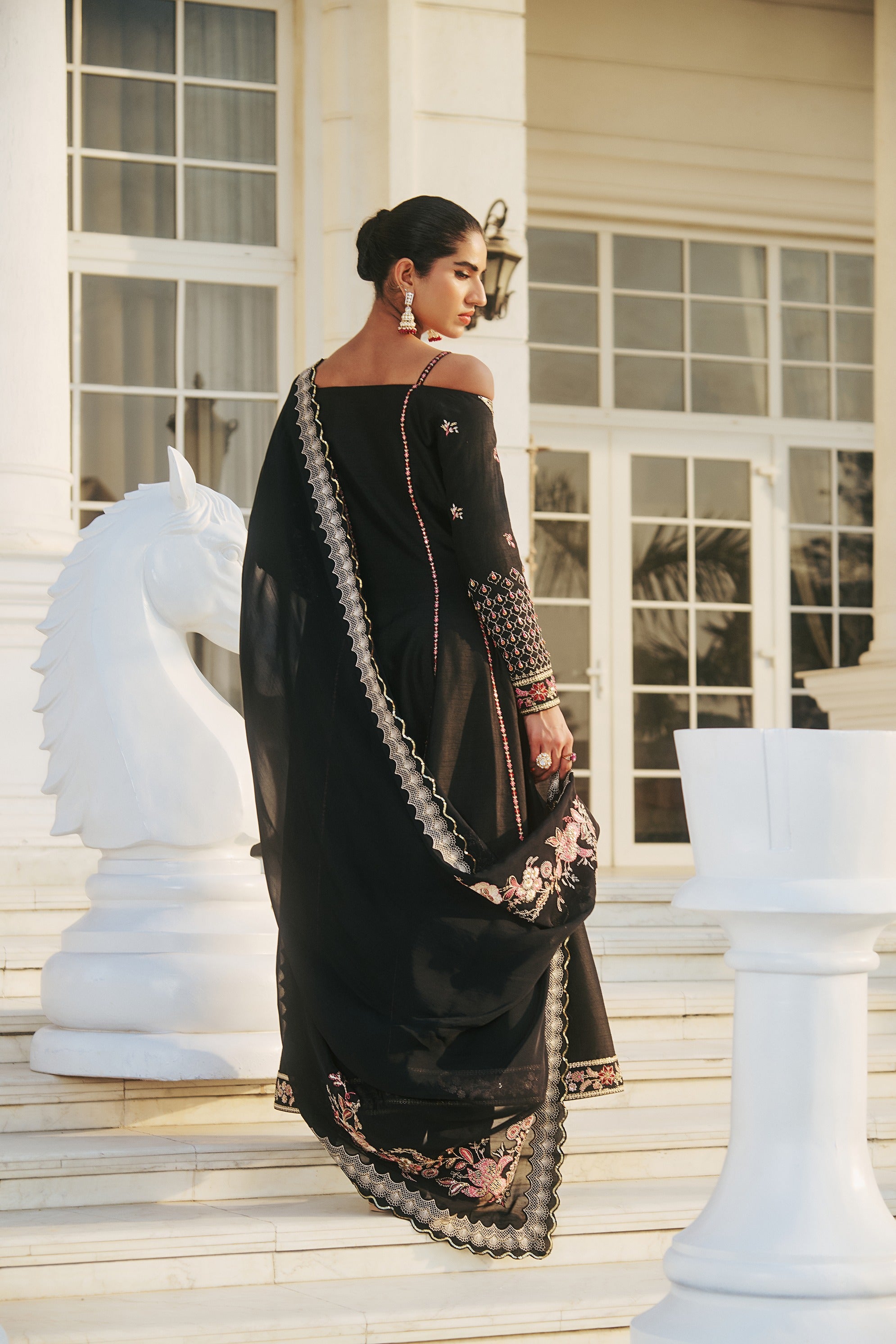 Hand Embroidered Off Shoulder Anarkali with Scallop Dupatta