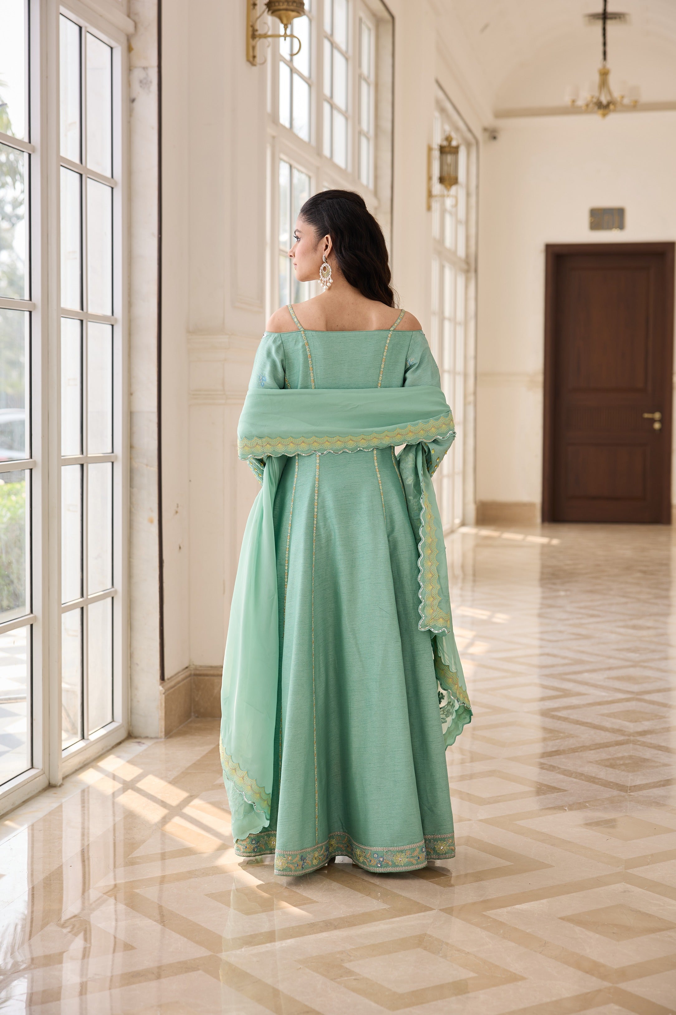 Hand Embroidered Off Shoulder Anarkali with Scallop Dupatta