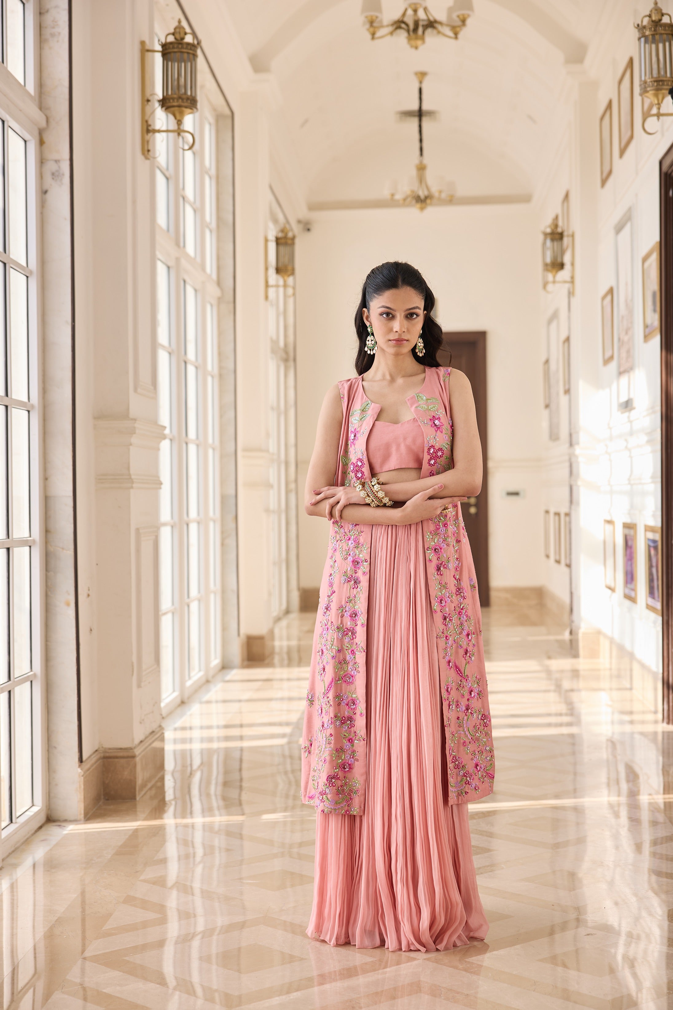 Hand Embelished Long jacket with Rushing Skirt and Bustier