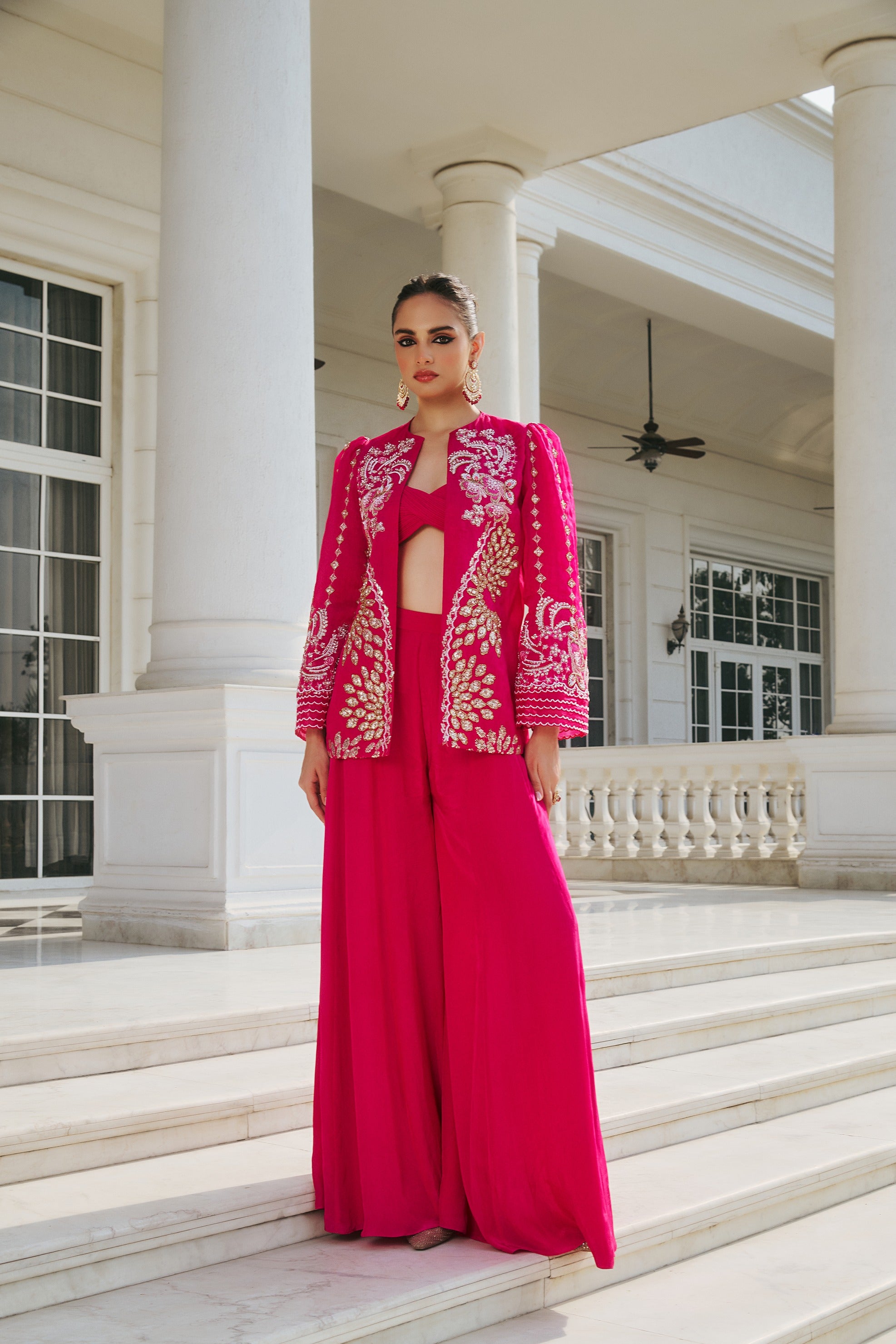 Hand Embellished Jacket with Shahrara and Twisted Bralet