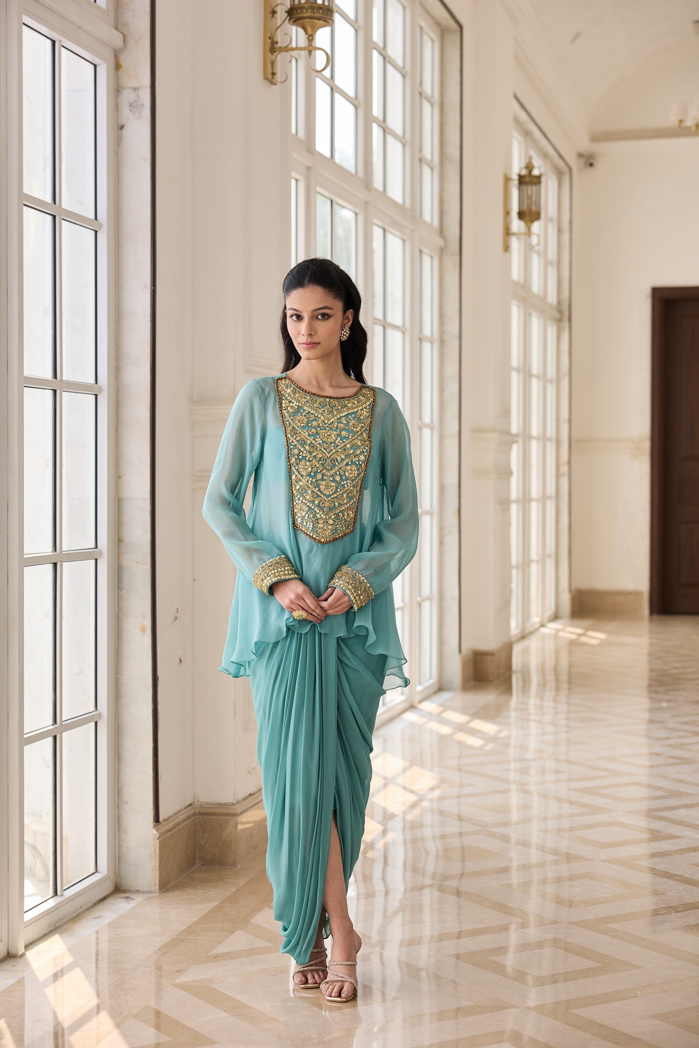 Hand Embelished and Dori-work Short Kurta with Dhoti Skirt