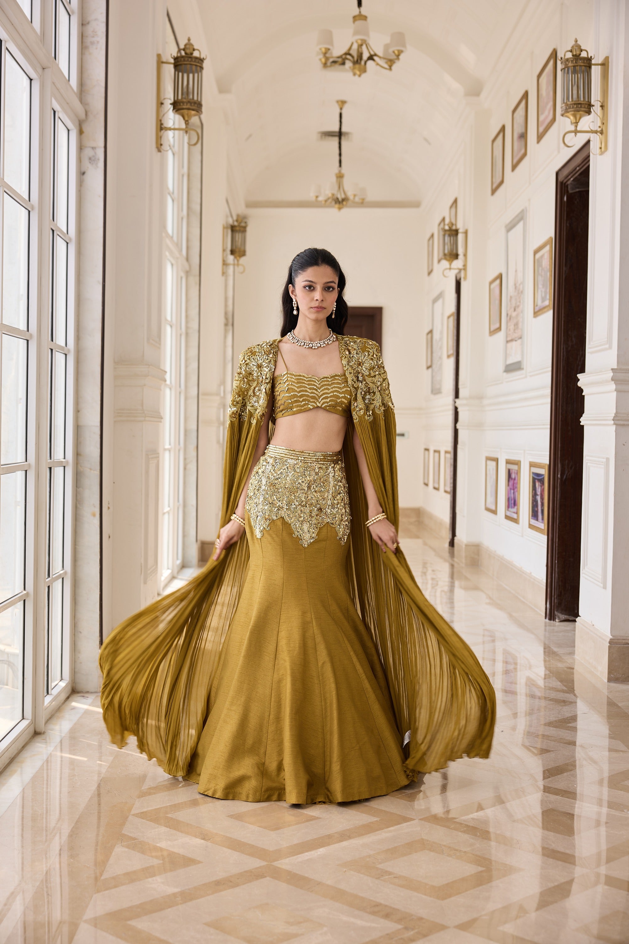Hand Embelished and Dori-work Cape with Bustier and Fishcut Lehenga