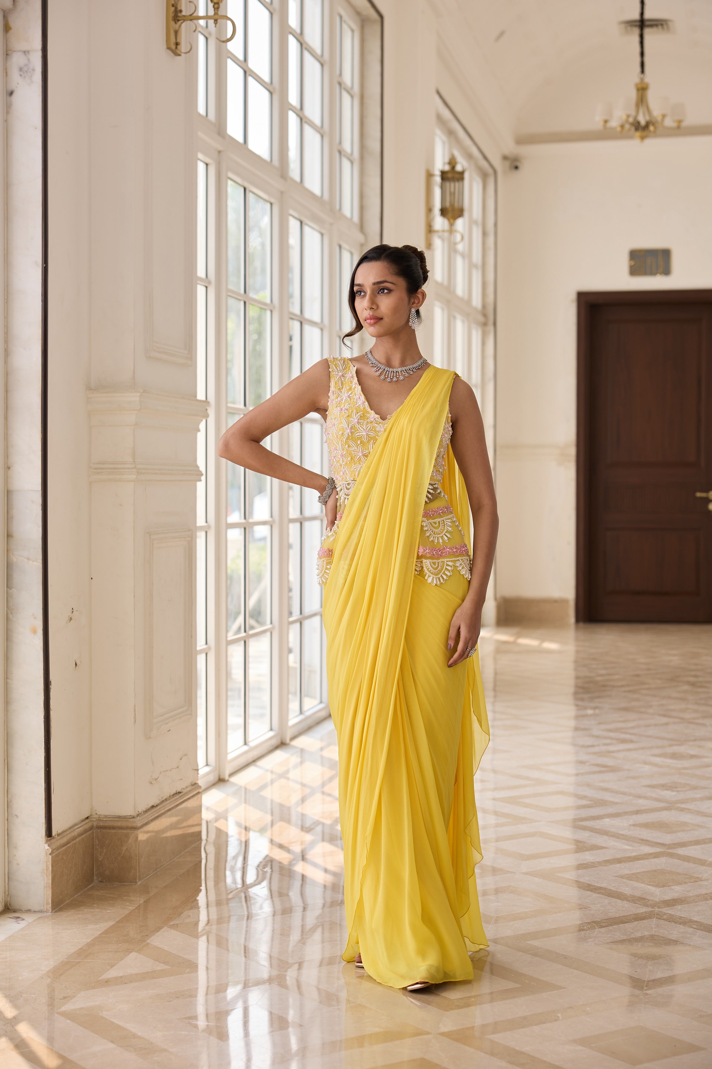 Hand Embroirderd Pearl Peplum with Drape Saree