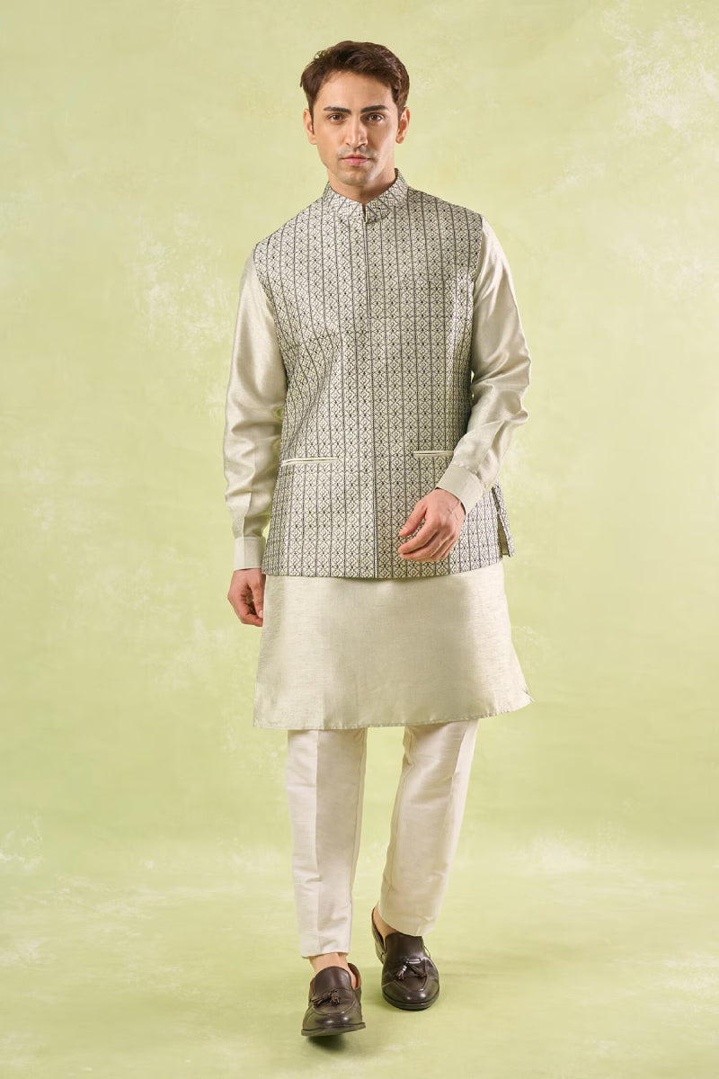 Beige Embroidered Kurta-Bundi Set
