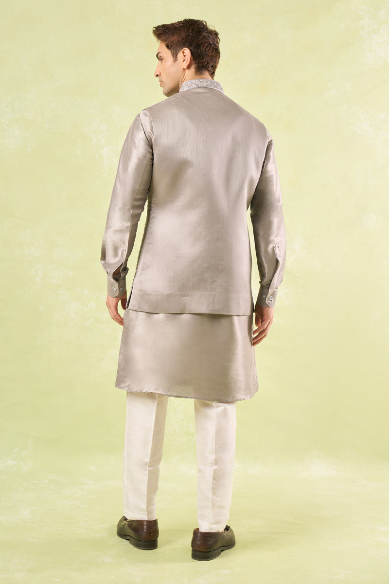 Grey Embroidered Kurta-Bundi Set