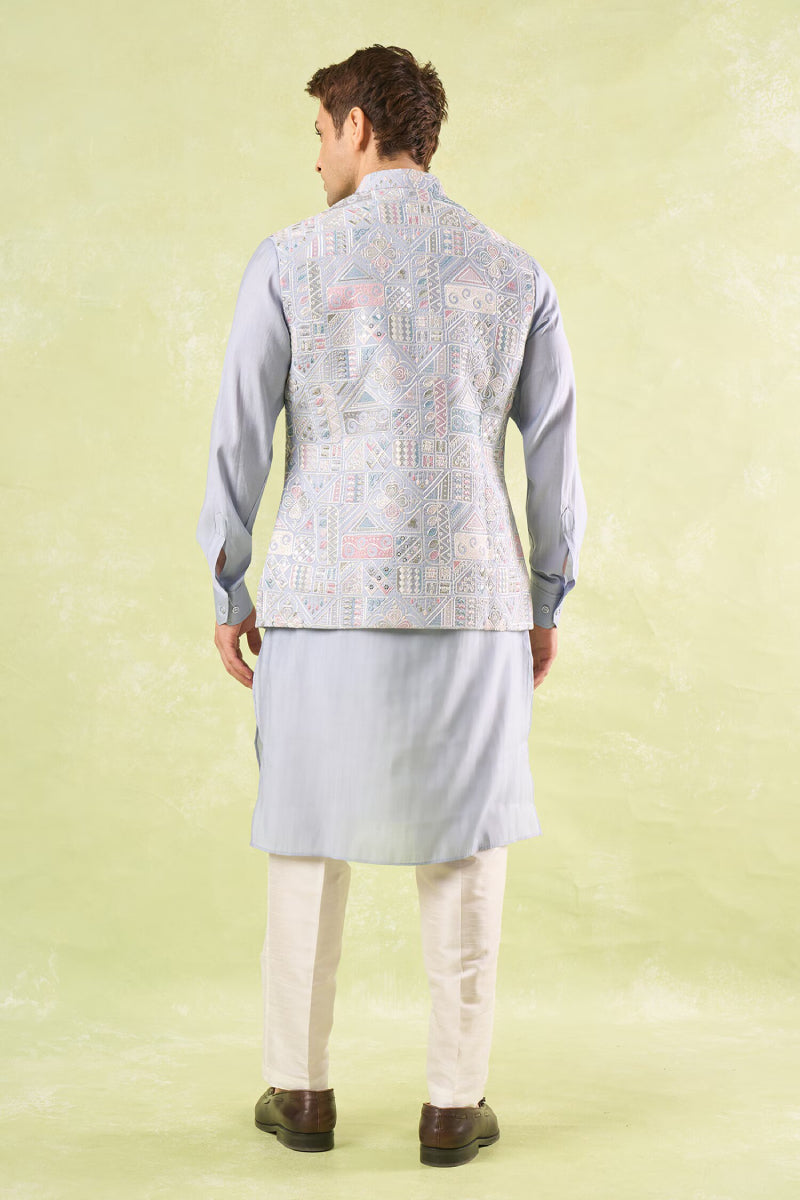 Powder Blue Embroidered Kurta-Bundi Set