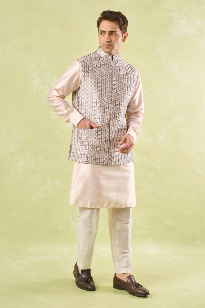 Peach Embroidered Kurta-Bundi Set