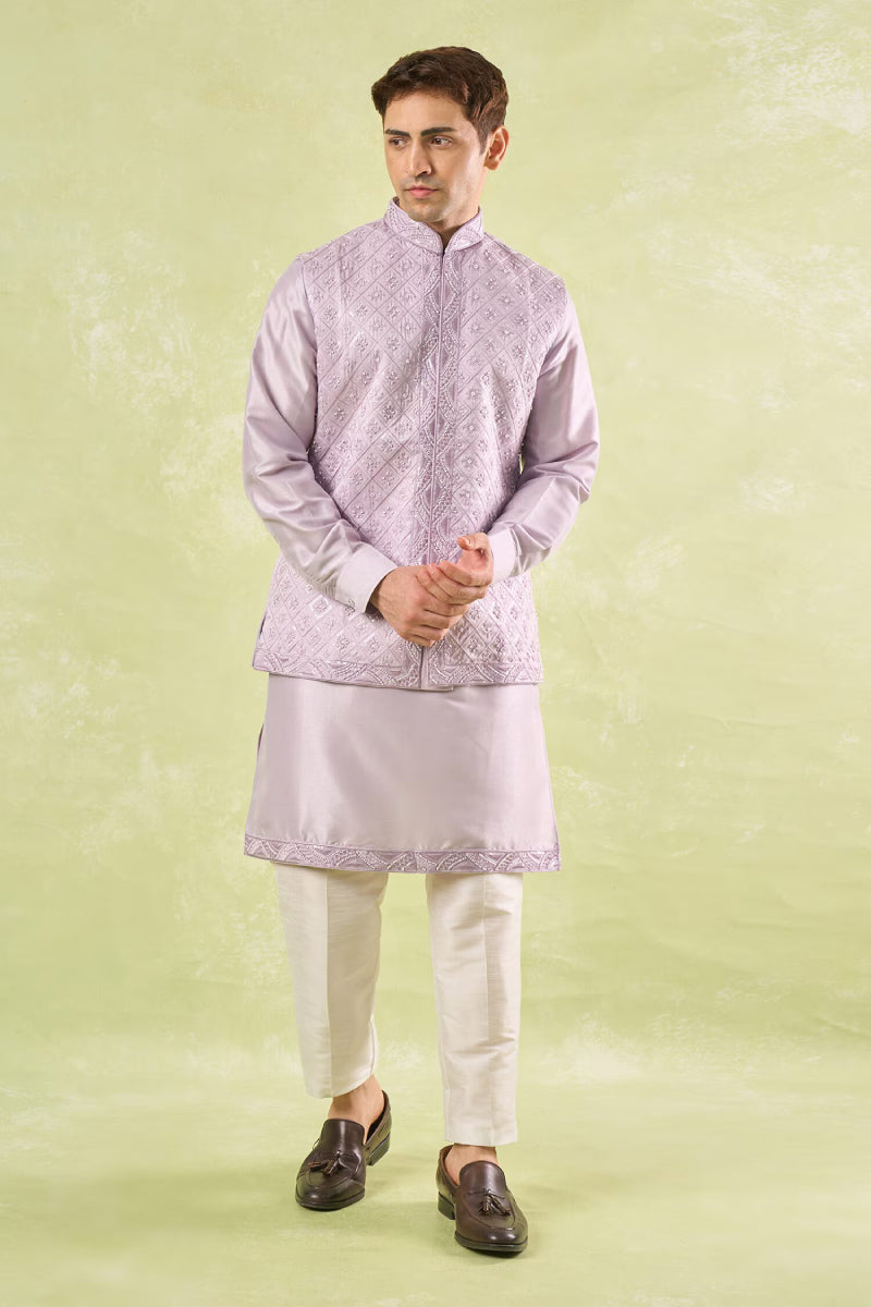 Lavender Embroidered Kurta-Bundi Set