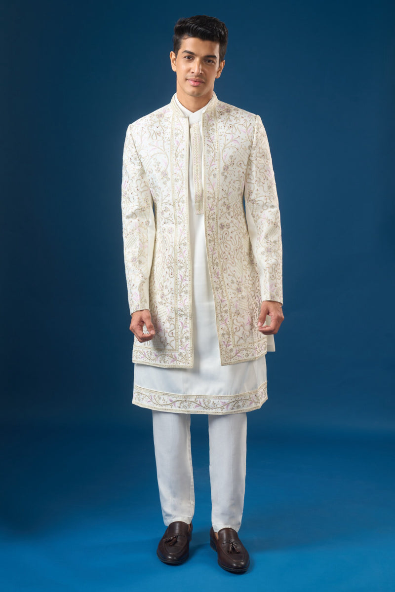 Off White Embroidered Indo-Western Set