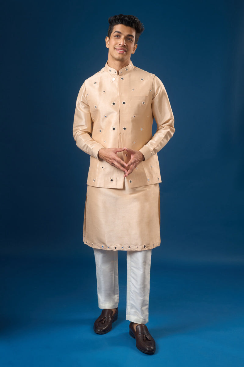 Peach Mirror Embroidered Kurta-Bundi Set