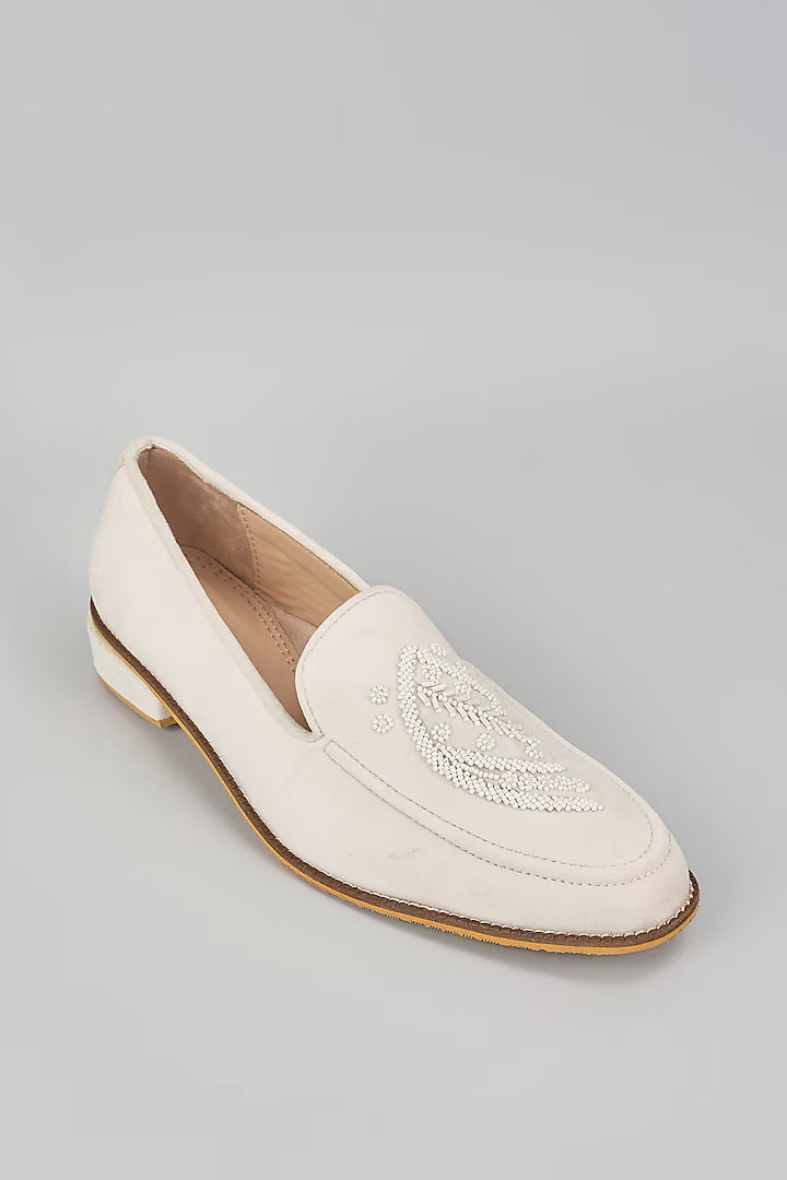 Off White Embroidered Loafers