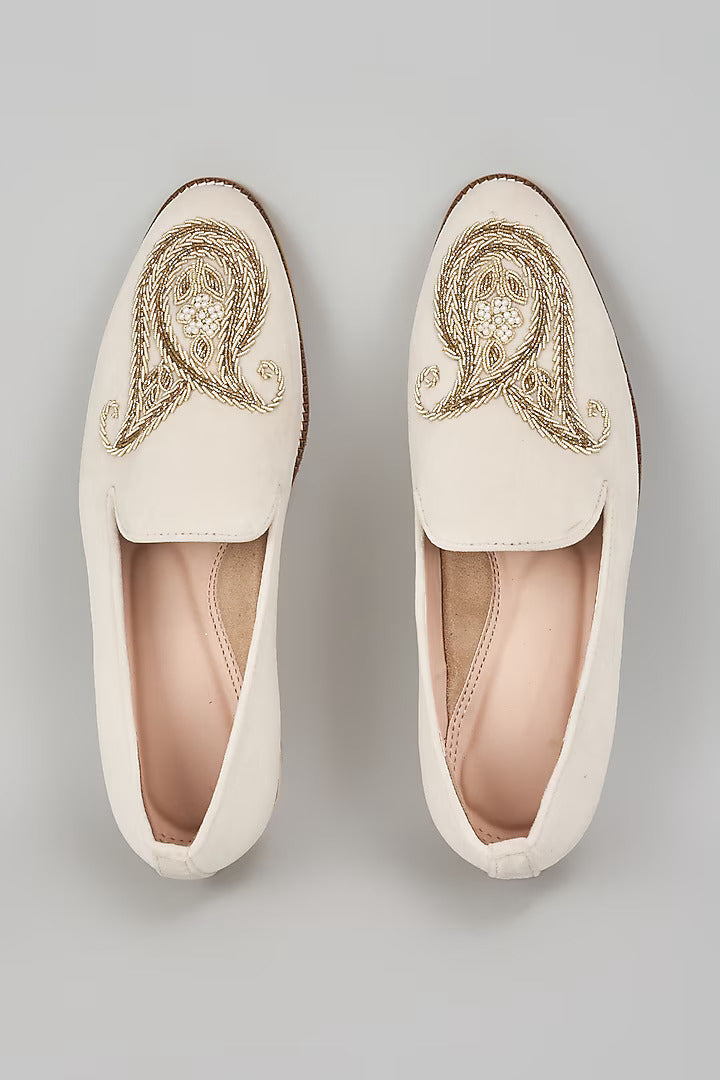 Off White Embroidered Loafers