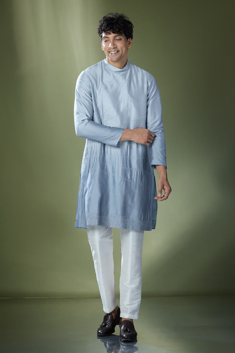 Powder Blue Ombre High-Neck Embroidered Kurta Set