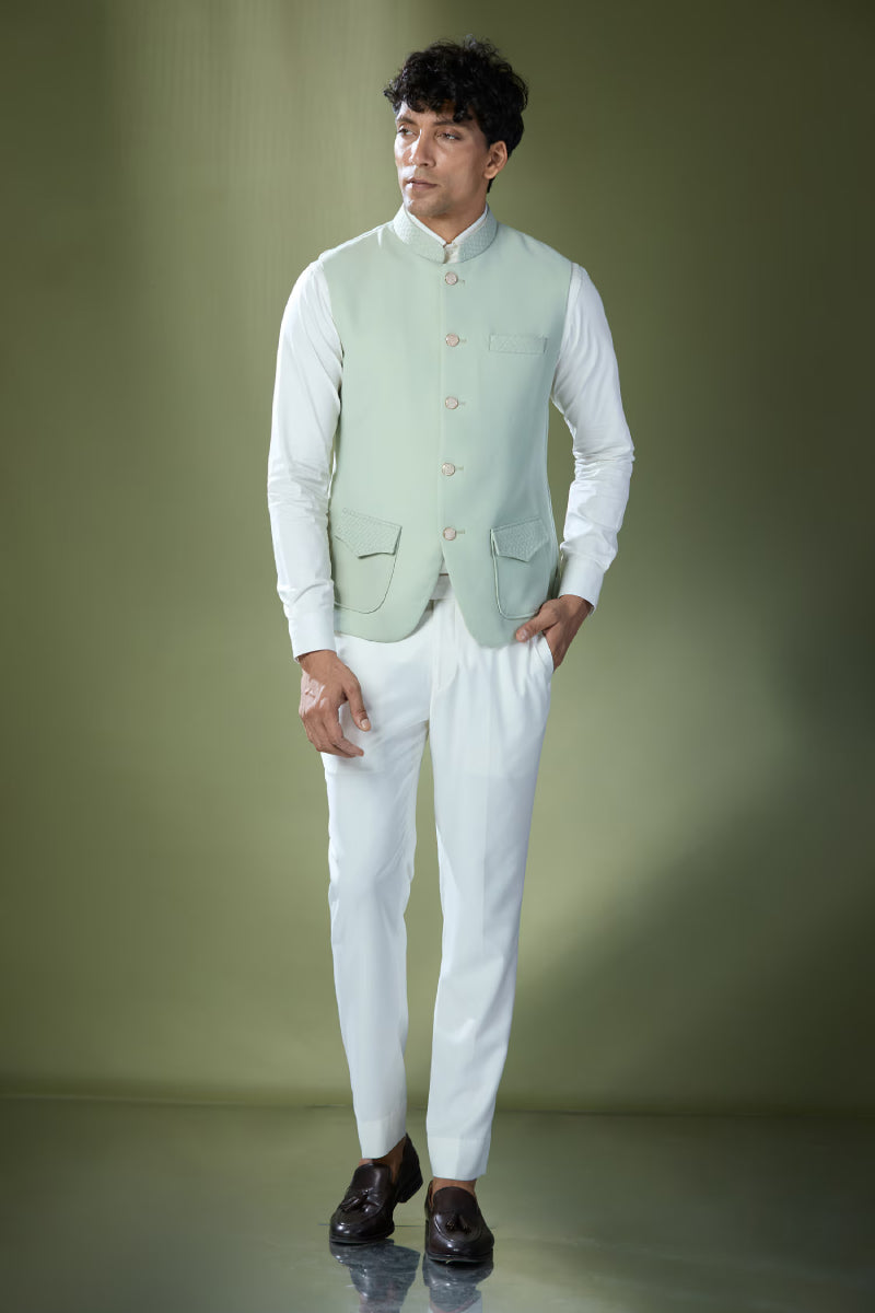 Pista Green Stitch Jacket-Shirt-Pant Set