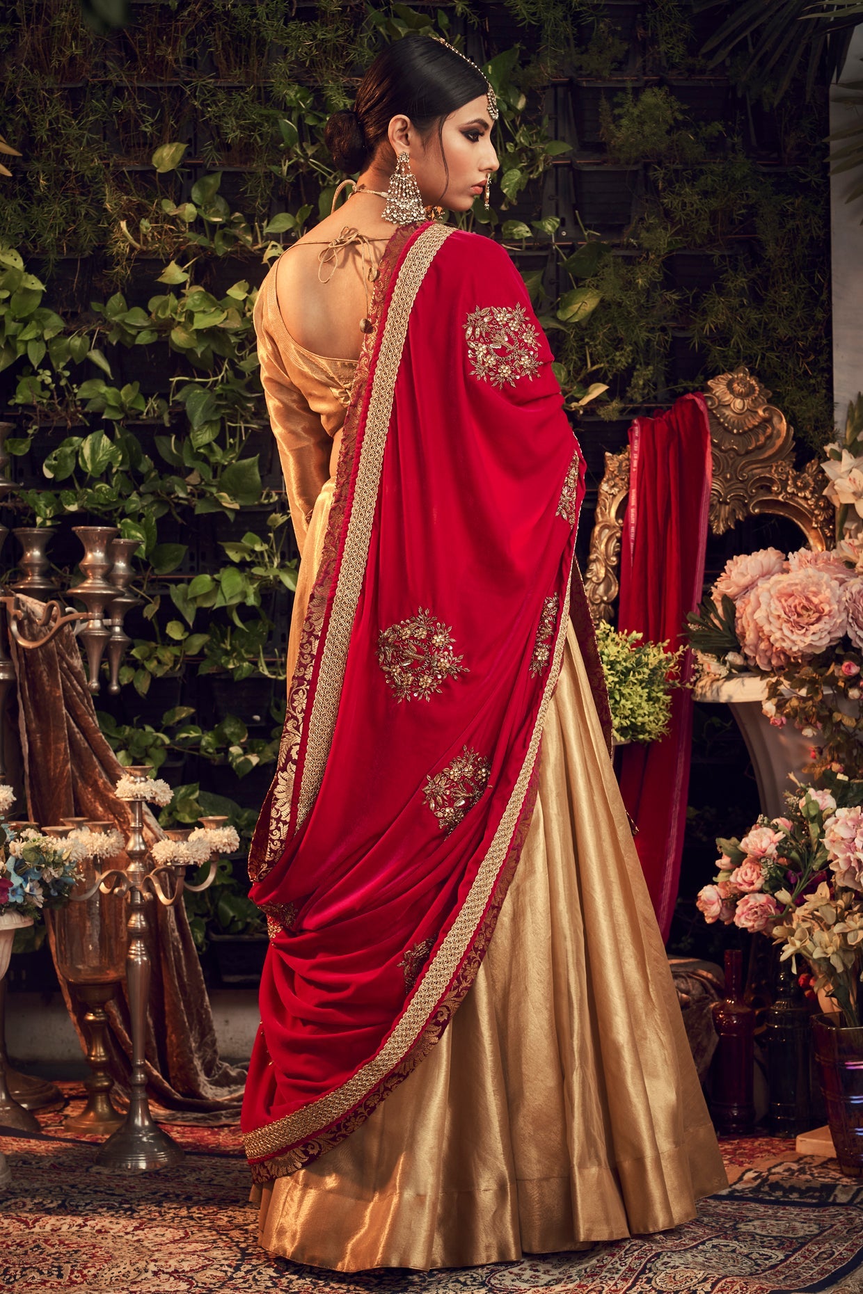 Gold & Crimson Red Embroidered Lehenga Set
