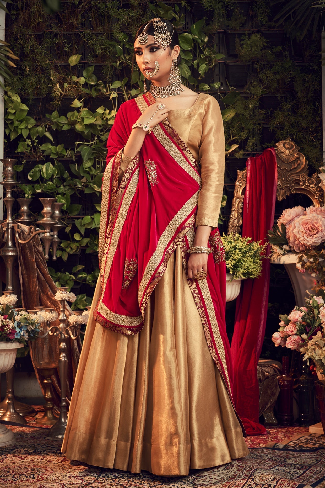 Gold & Crimson Red Embroidered Lehenga Set