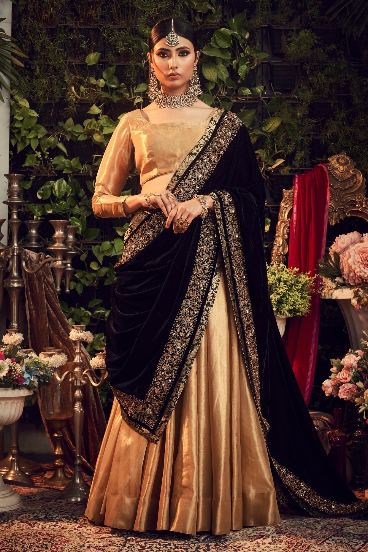 Gold & Black Embroidered Lehenga Set