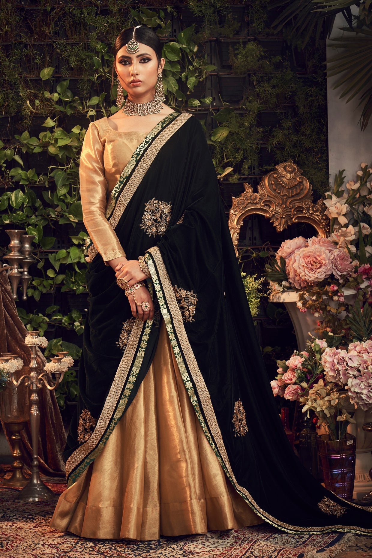 Gold & Emerald Green Zardosi Embroidered Lehenga Set
