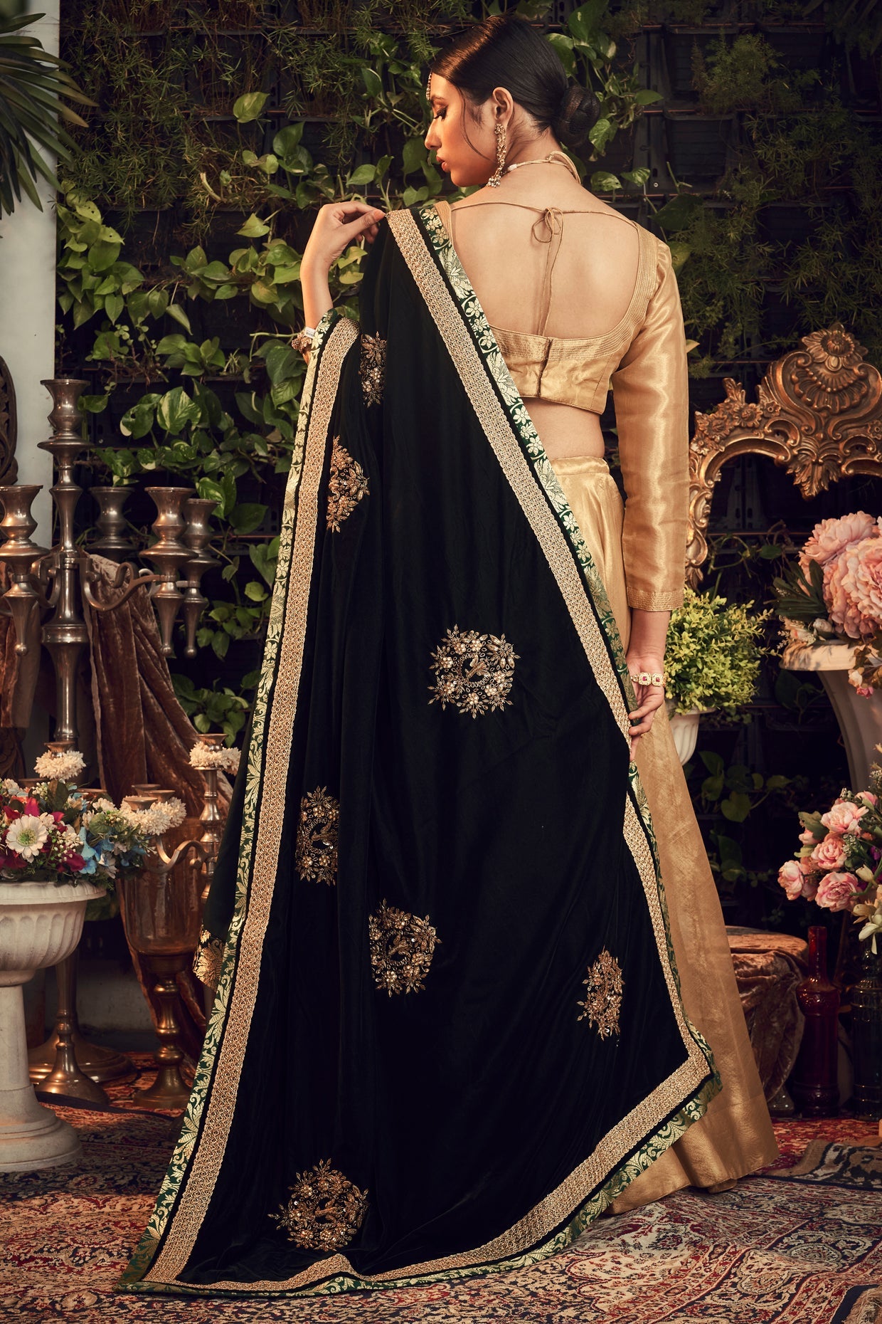 Gold & Emerald Green Zardosi Embroidered Lehenga Set