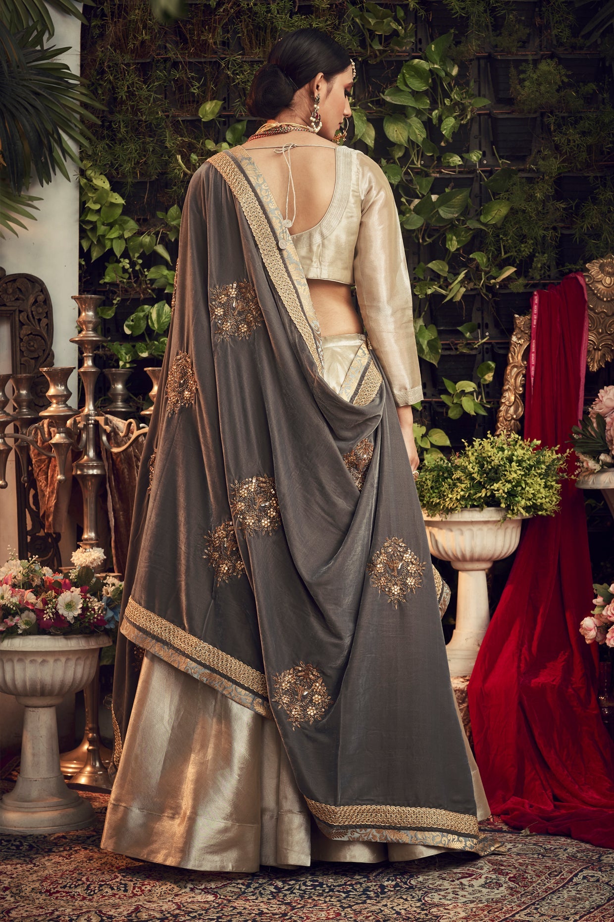 Champagne Silver & Grey Embroidered Lehenga Set