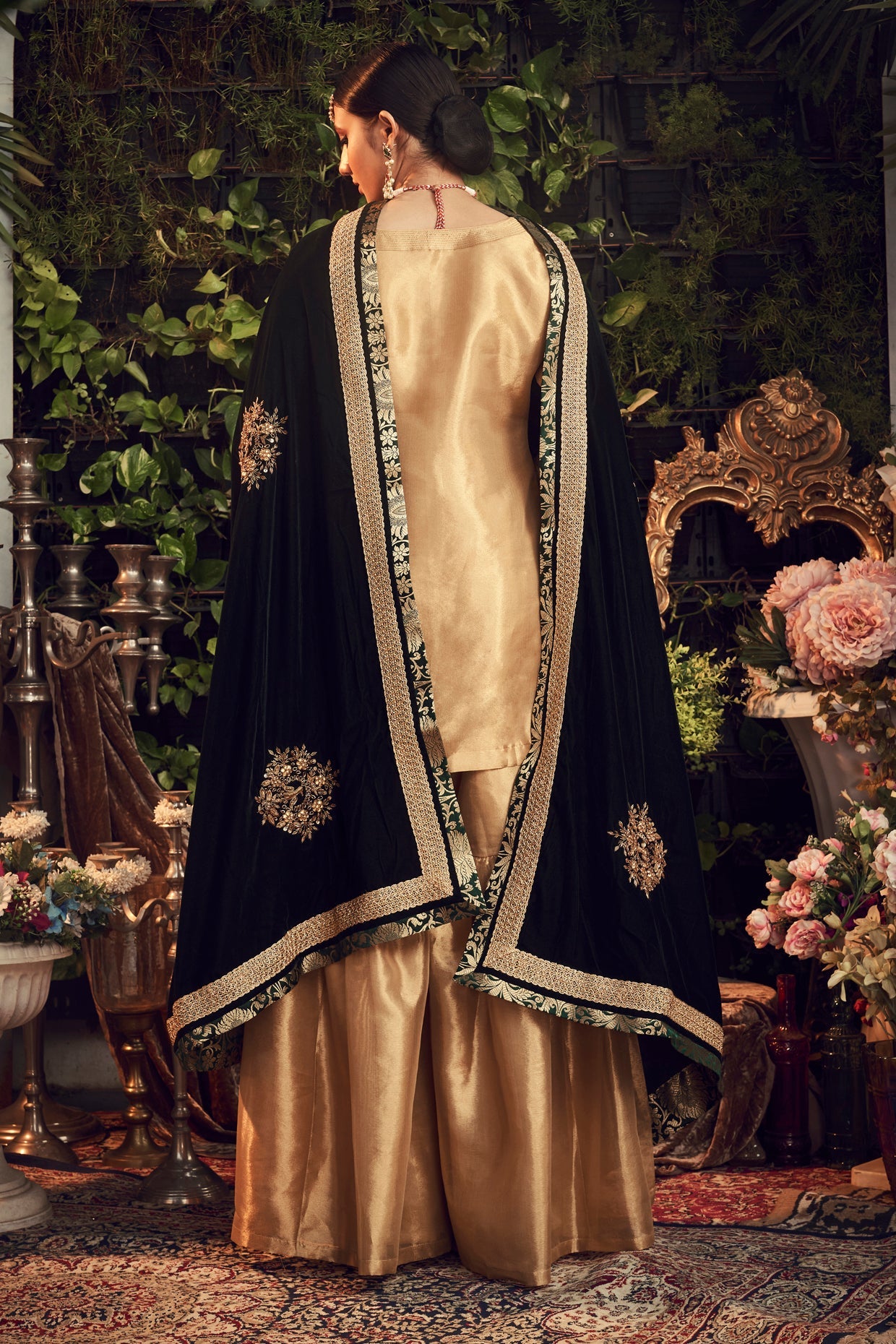 Gold & Emerald Green Embroidered Gharara Set