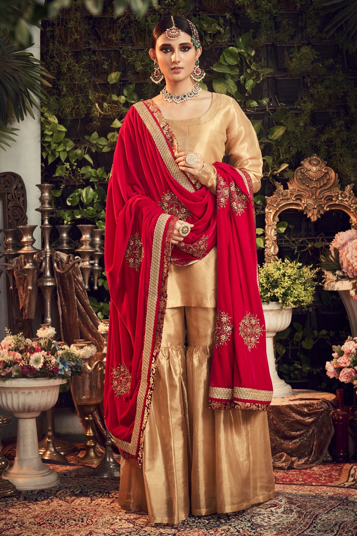 Gold & Crimson Red Embroidered Gharara Set