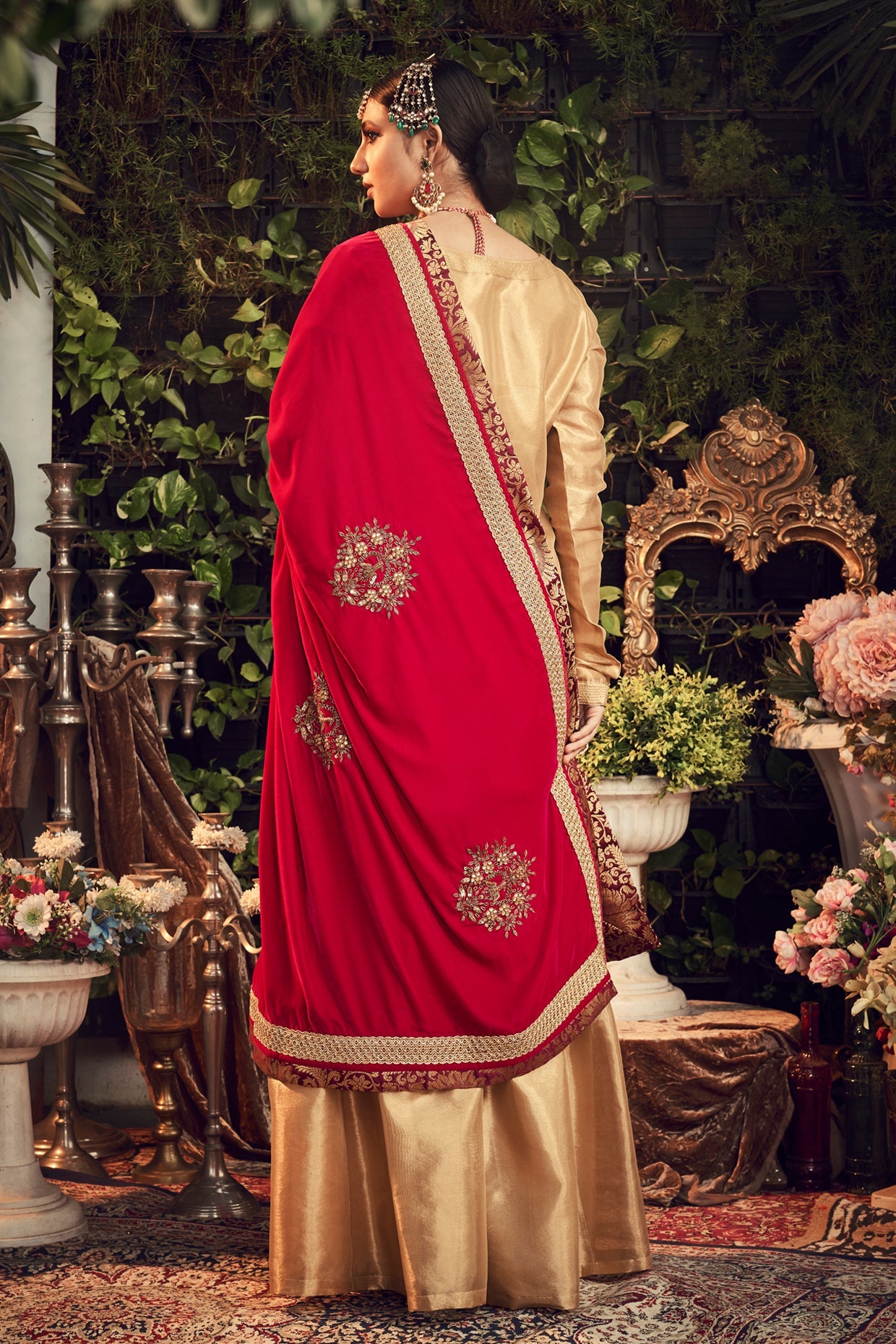 Gold & Crimson Red Embroidered Gharara Set