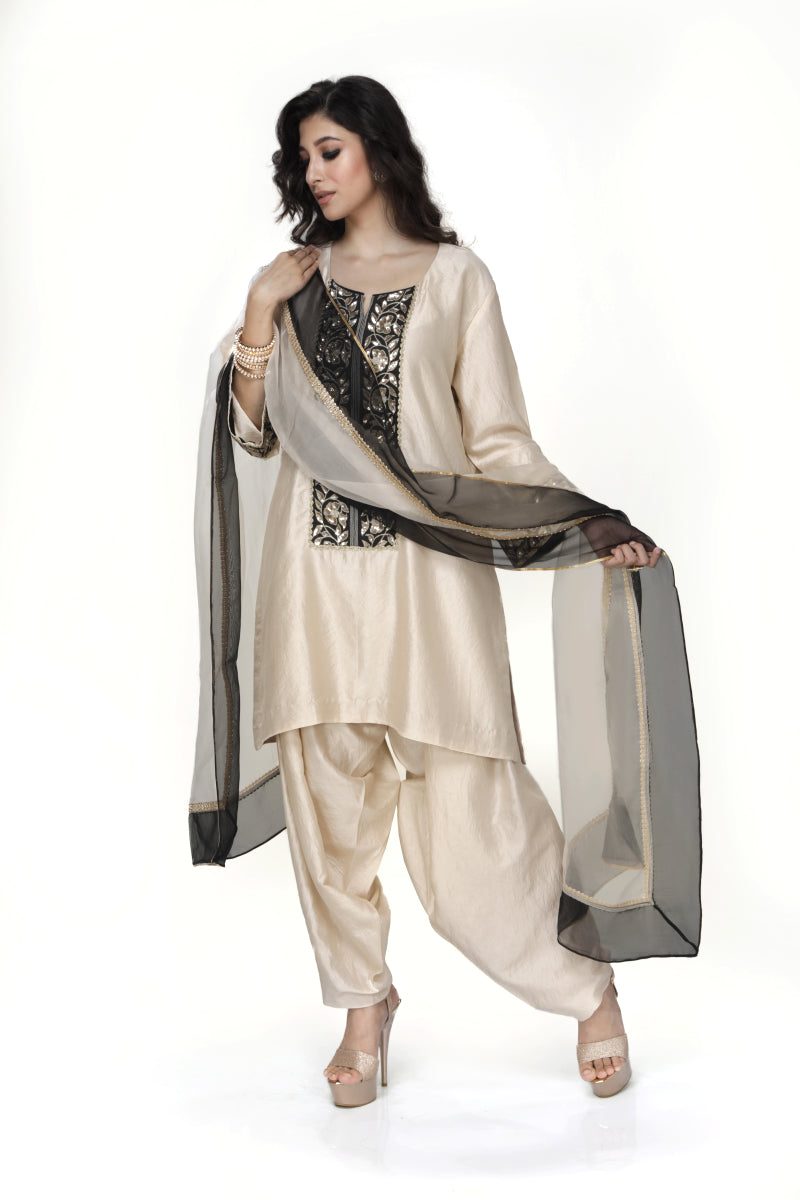 Almond Dogri Kurta With Almond Dhoti Salwar And Silk Organza Dupatta