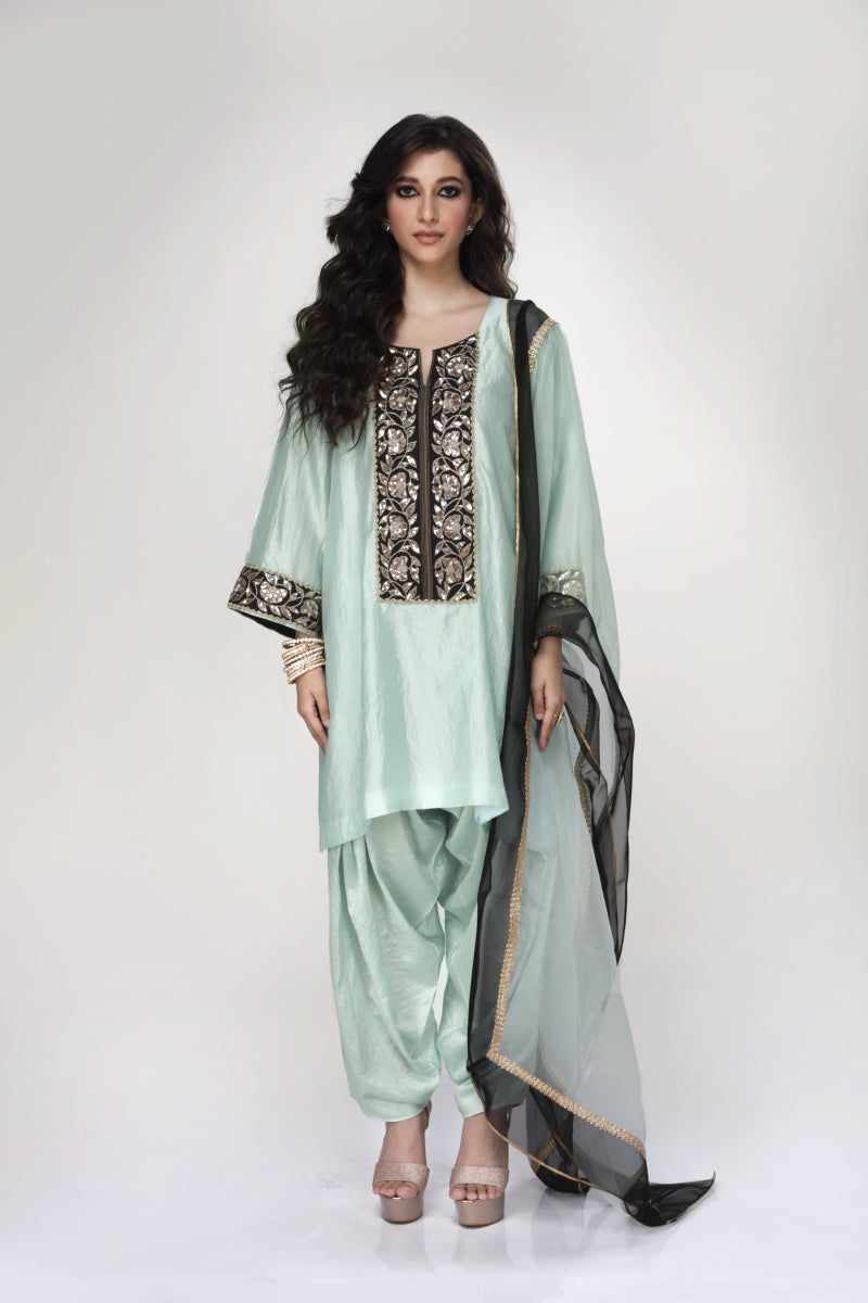 Powder Blue Dogri Kurta With Dhoti Salwar And Silk Organza Dupatta