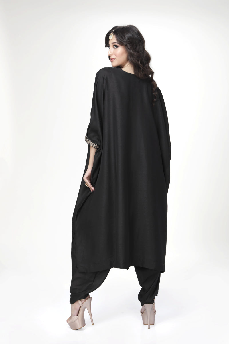 Black Blended Silk Kaftan Set With Dhoti Salwar