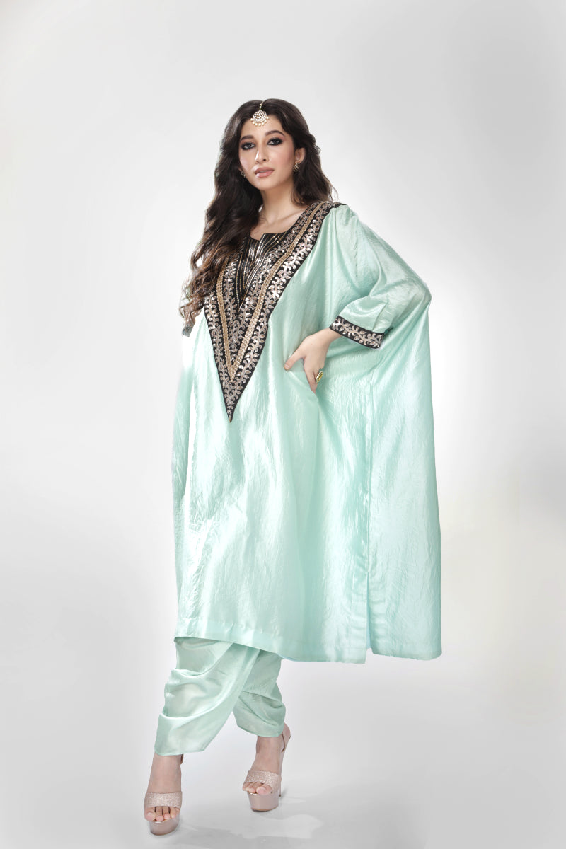Powder Blue Wrinkled Silk Kaftan Set With Dhoti Salwar