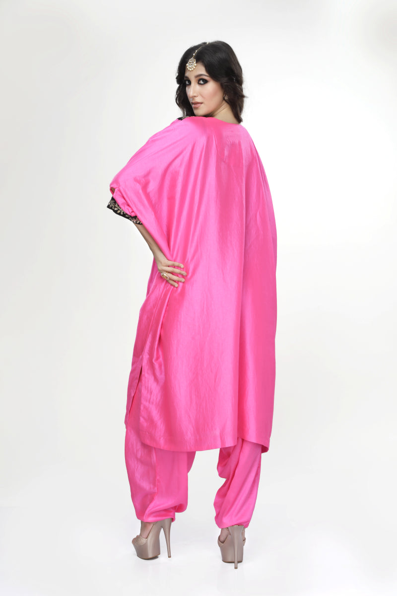 Fuschia Wrinkled Silk Kaftan Set With Dhoti Salwar