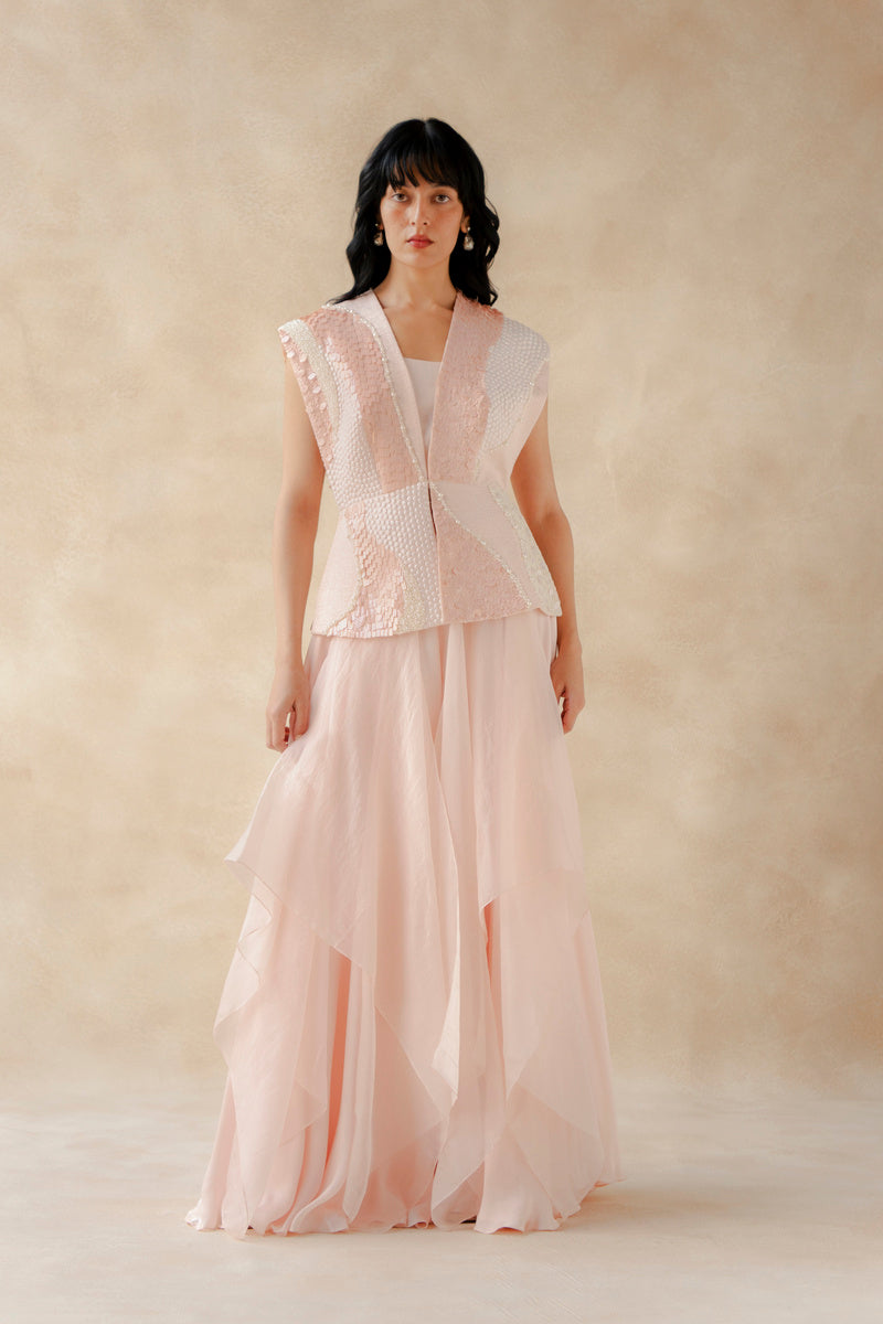 Embroidered Overlay With Bustier And Organza Panel Sharara