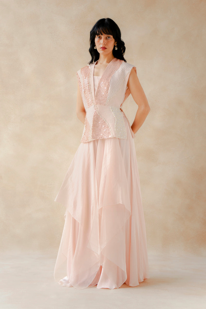 Embroidered Overlay With Bustier And Organza Panel Sharara
