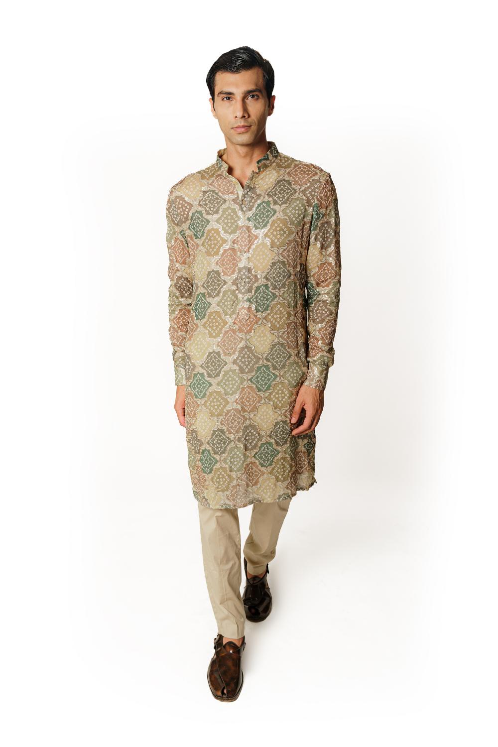 GREEN MULTI COLOR BANDHINI WITH GOLD SEQUIN UNLINED KURTA W COTTON SILK PANT