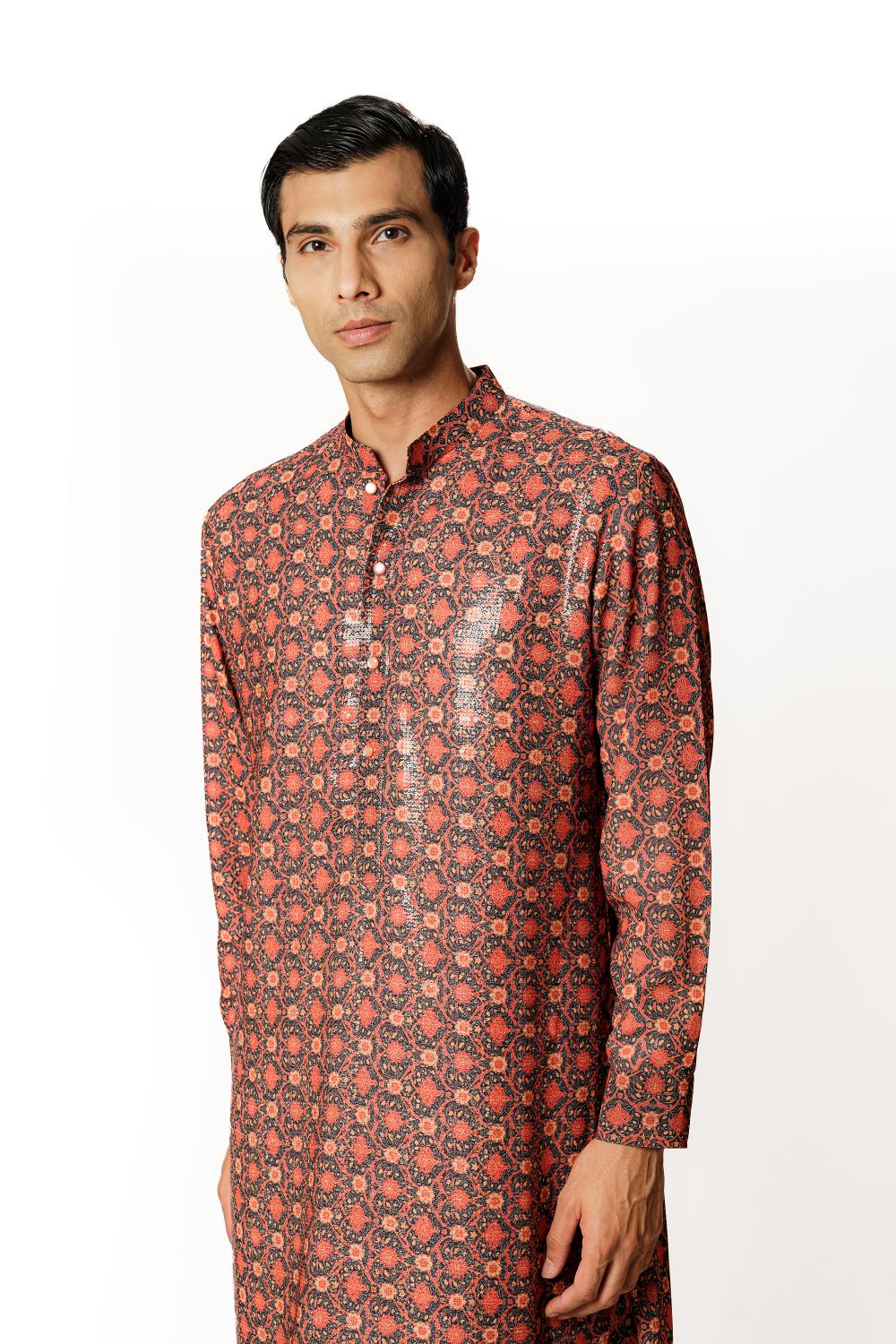 AUBERGINE PRINT 1/2 SHEETING 1/2 GORGETTE W CREPE LINING KURTA W COTTON SILK PANT