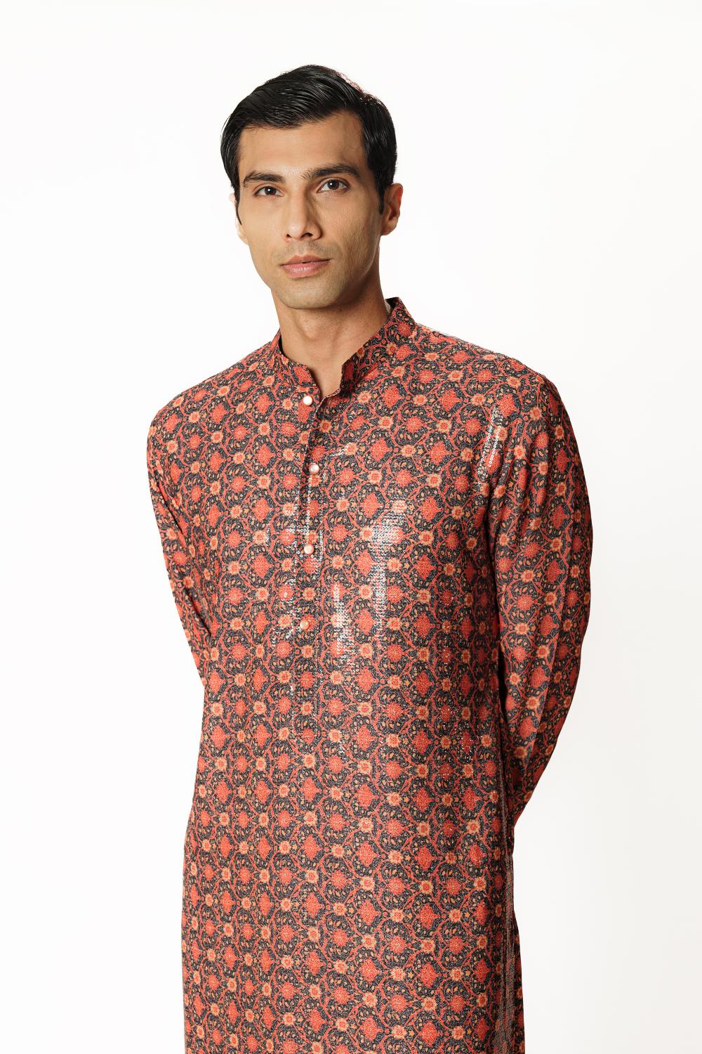 AUBERGINE PRINT 1/2 SHEETING 1/2 GORGETTE W CREPE LINING KURTA W COTTON SILK PANT